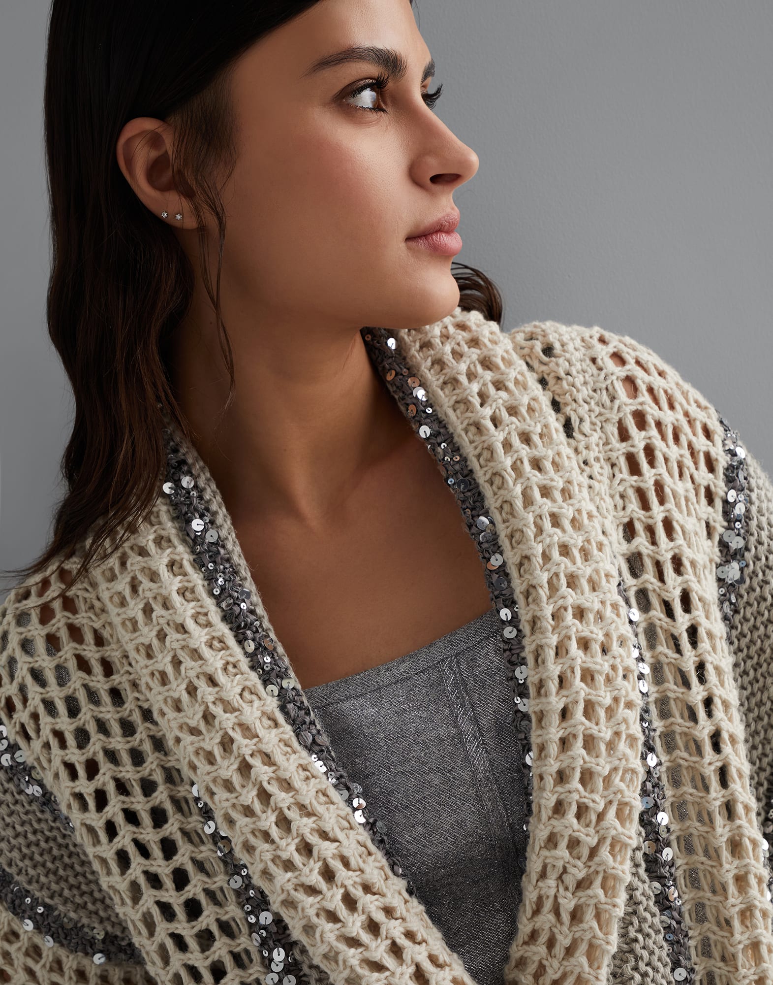 Dazzling stripe net knit cardigan in jute, linen, cotton and silk with belt