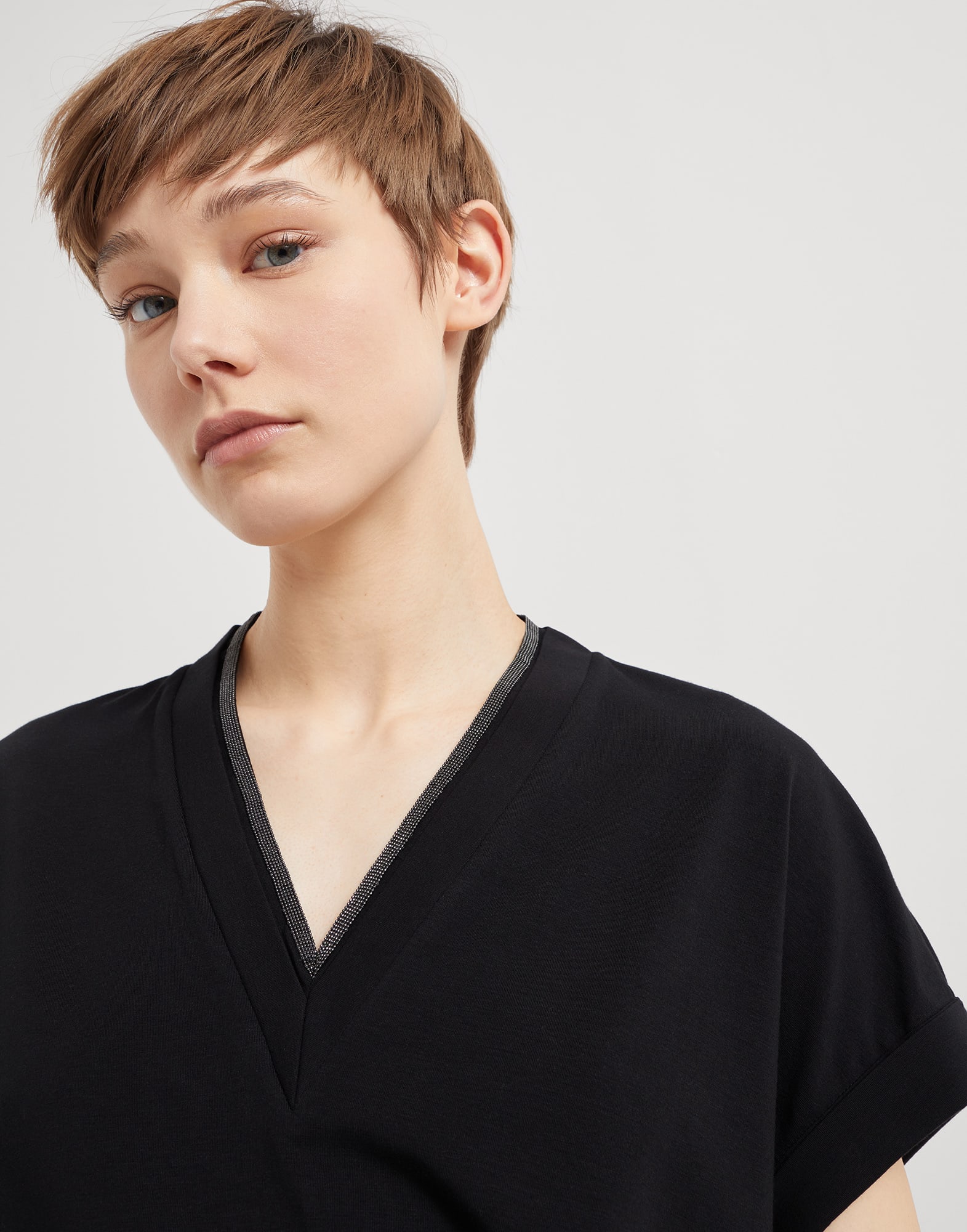Stretch cotton jersey T-shirt with precious neckline
