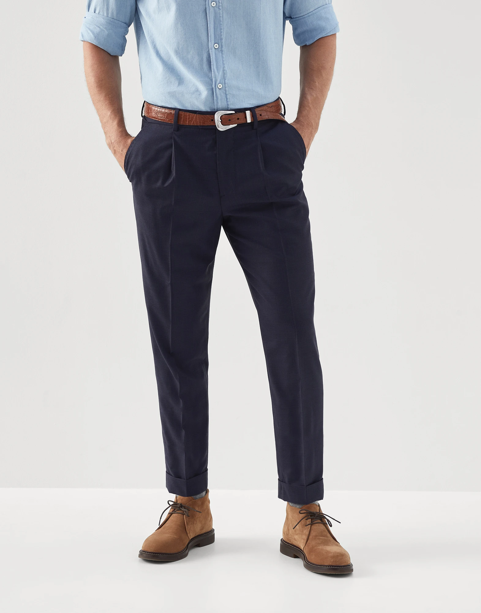 Virgin wool Prince of Wales leisure fit trousers with pleat
