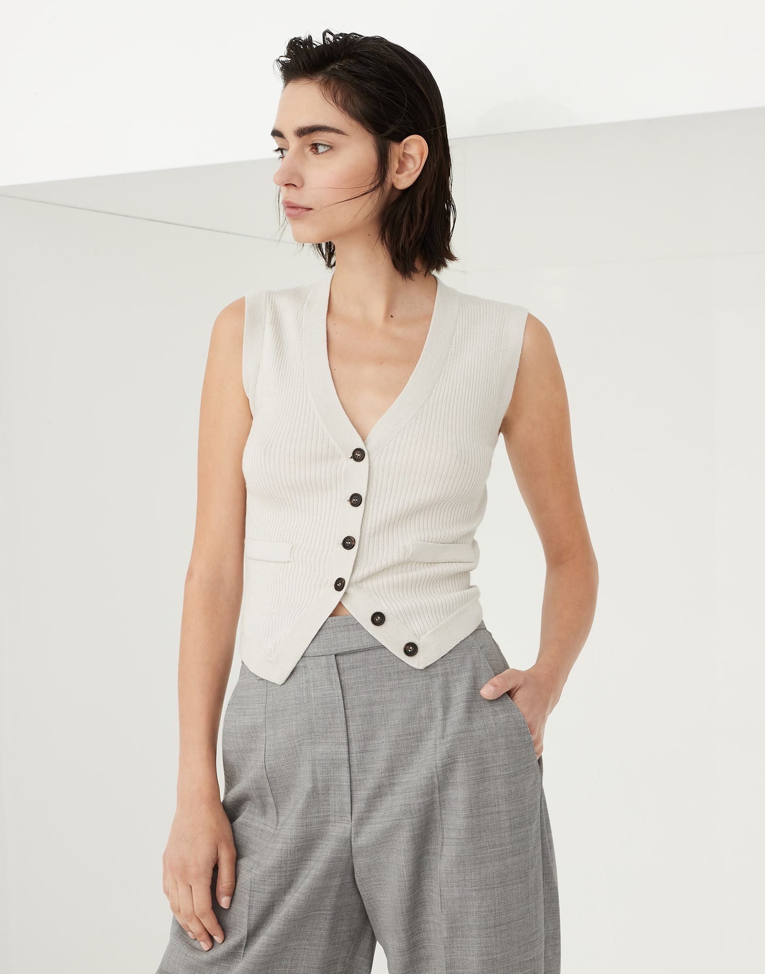 Sparkling cashmere and silk lightweight rib knit vest