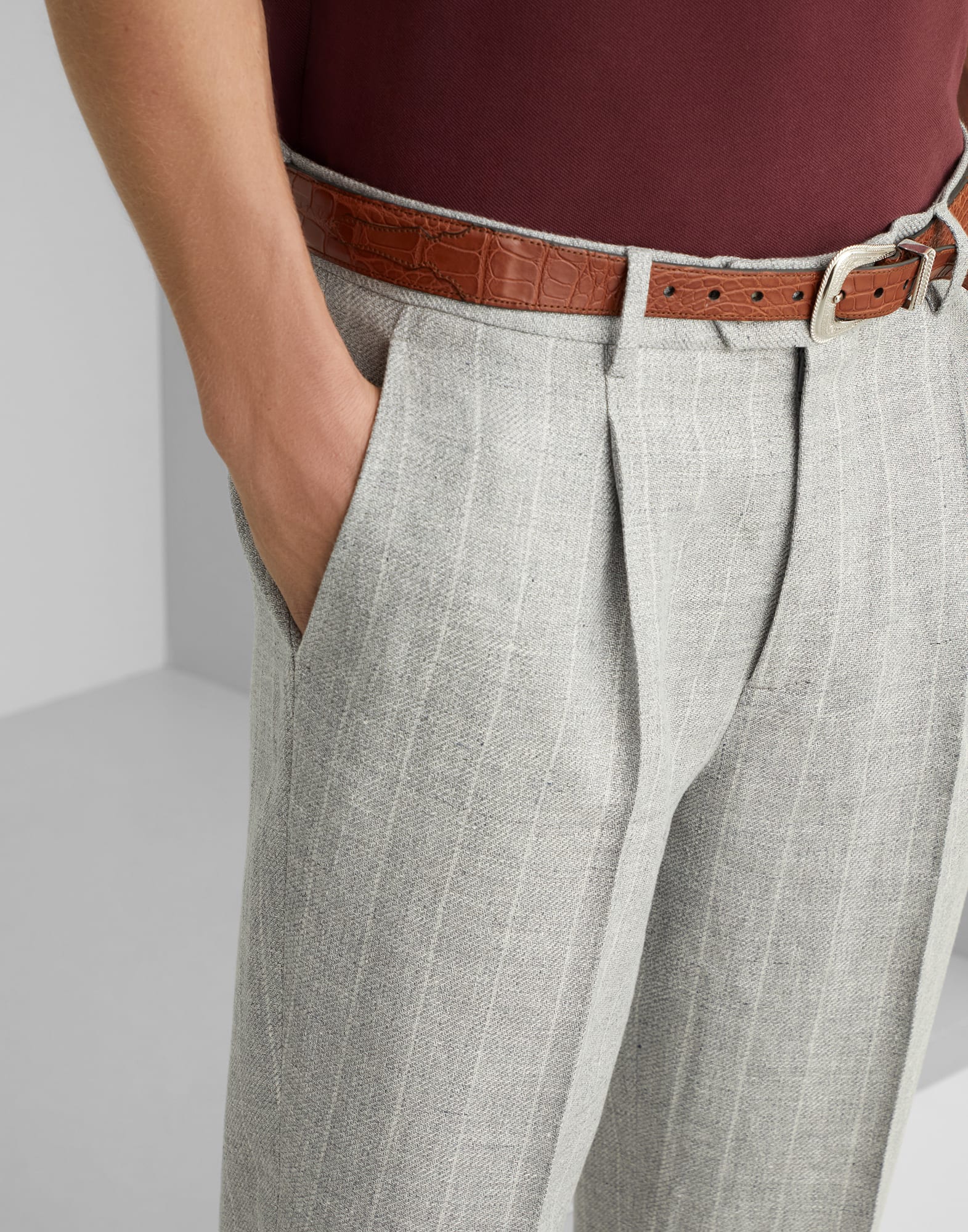 Linen, wool and silk chalk stripe leisure fit trousers with pleat