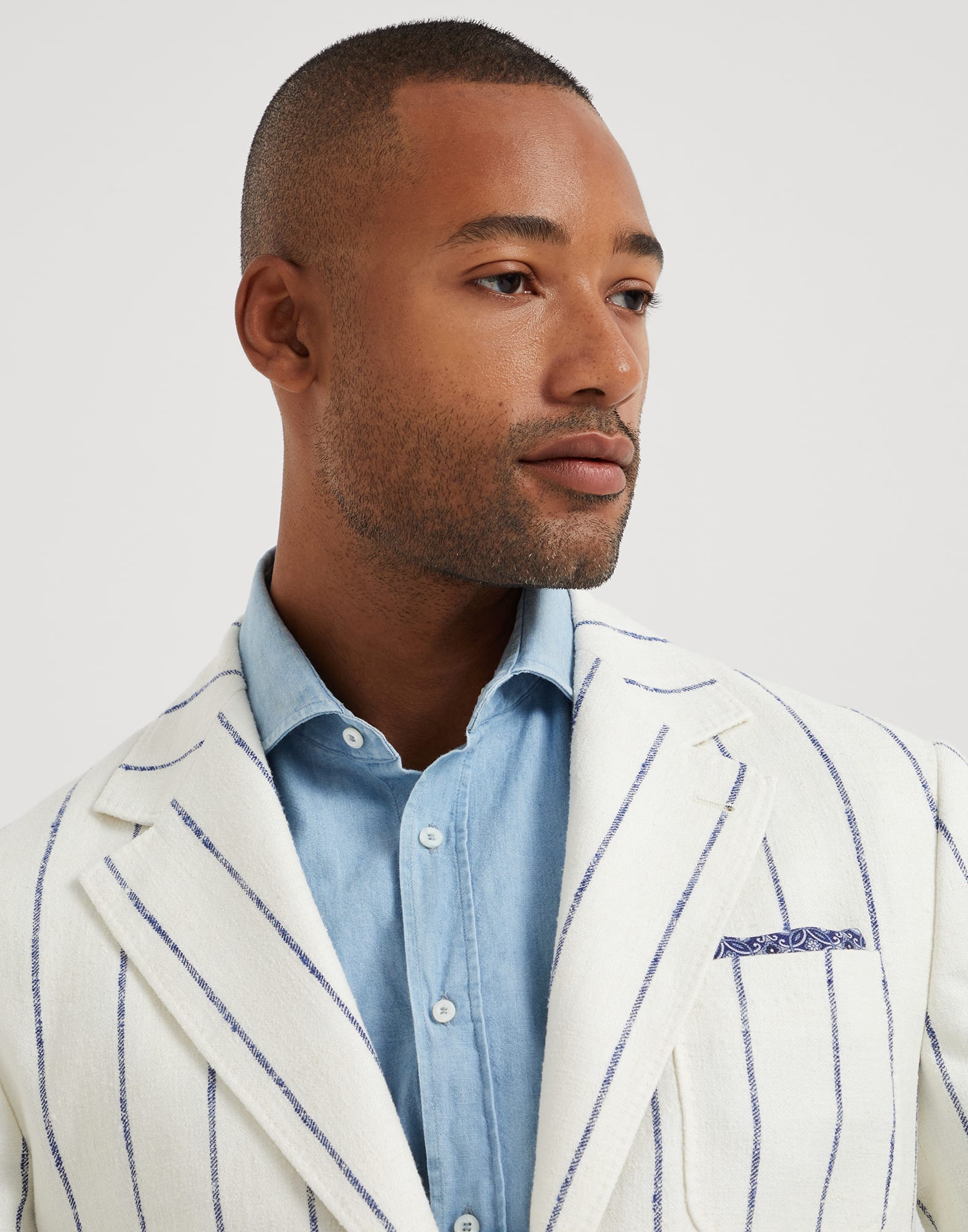 Linen, wool and silk chalk stripe deconstructed blazer with patch pockets