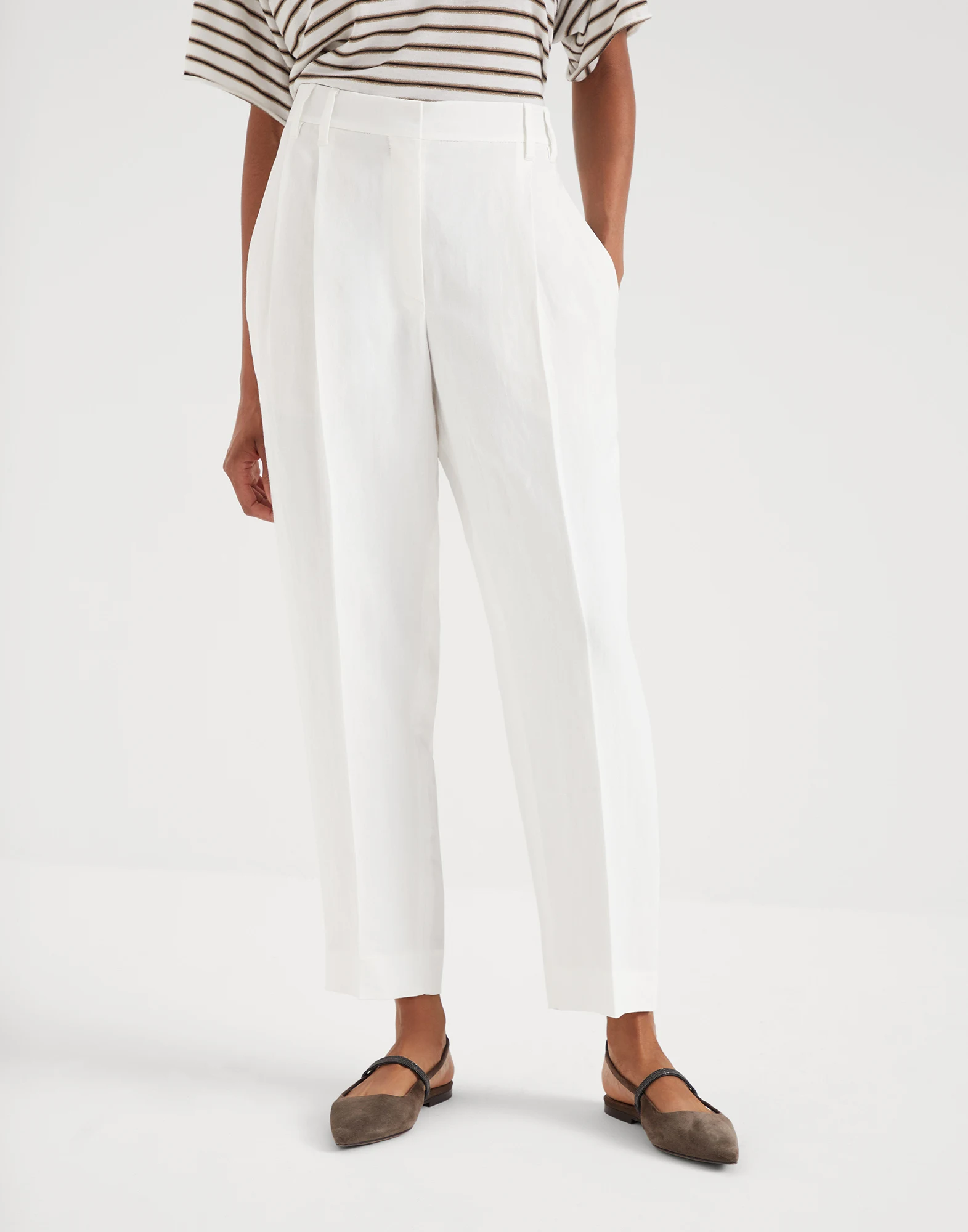 Viscose and linen fluid twill slouchy trousers with monili