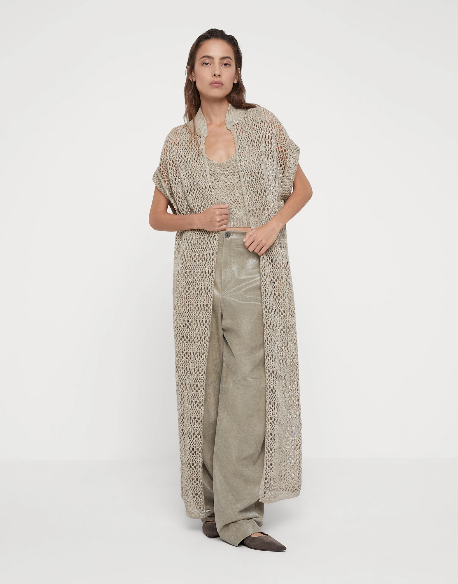 Linen and silk long net cardigan