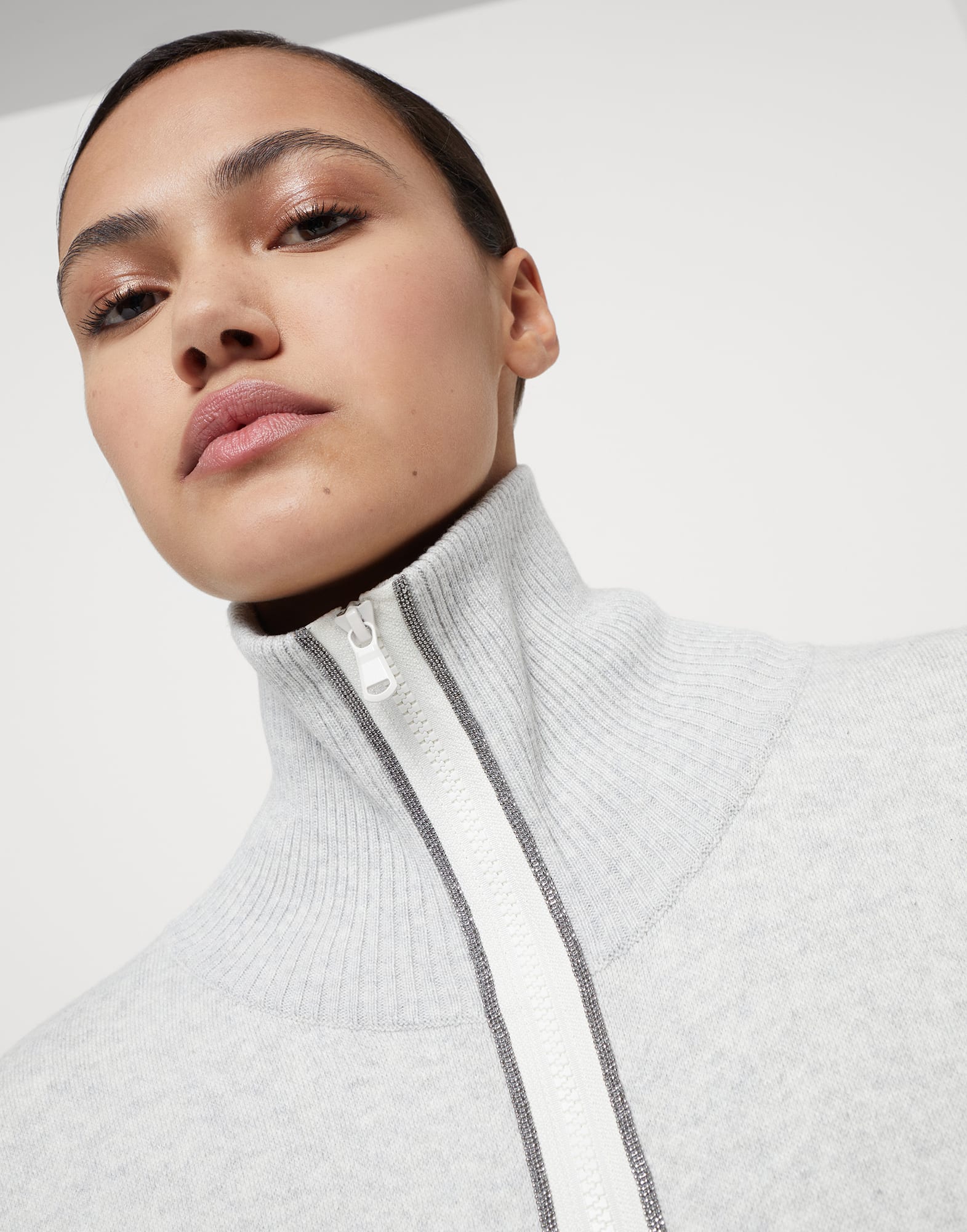 Cashmere double knit long cardigan with shiny trims