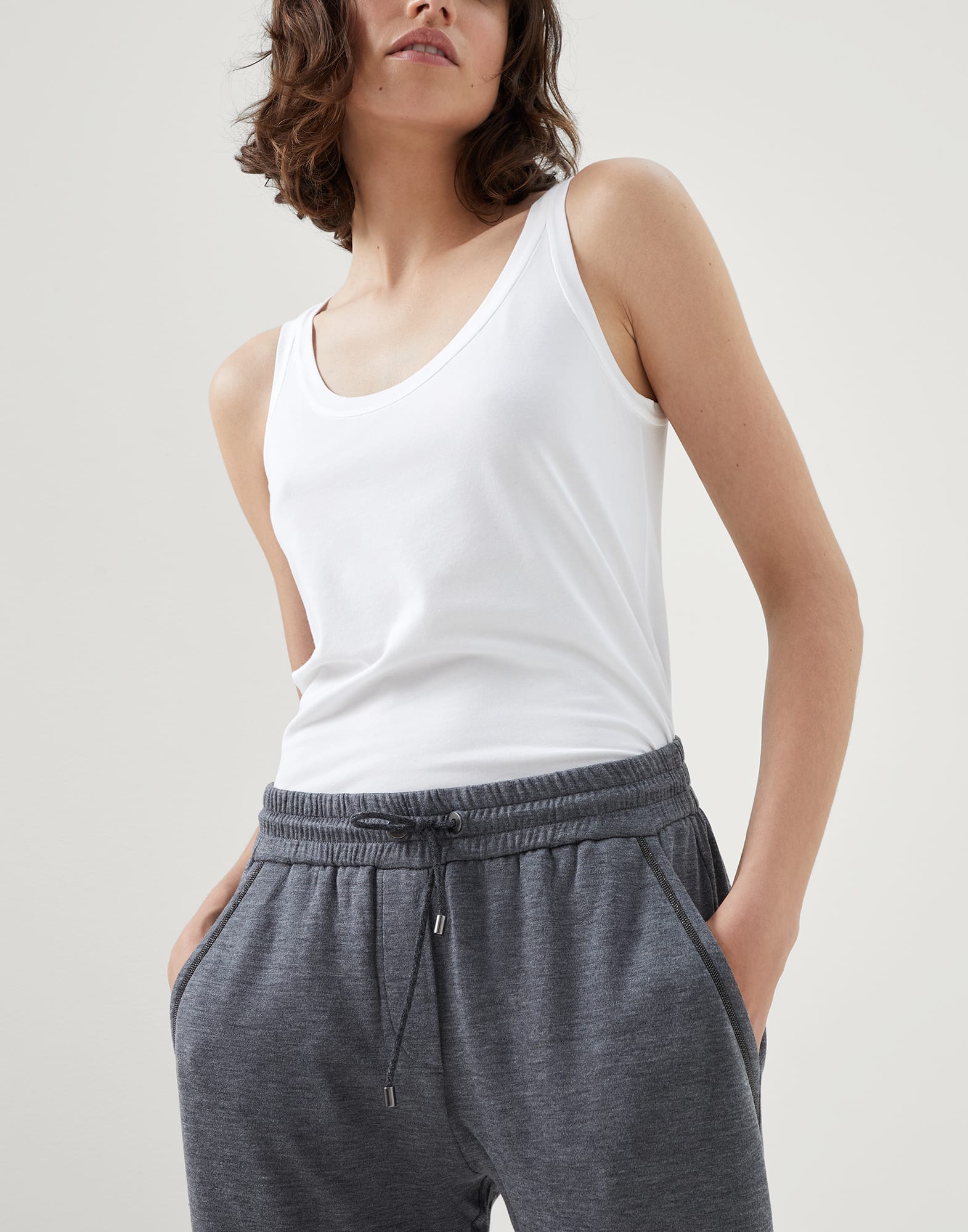 Cotton and silk interlock trousers with shiny pocket detail