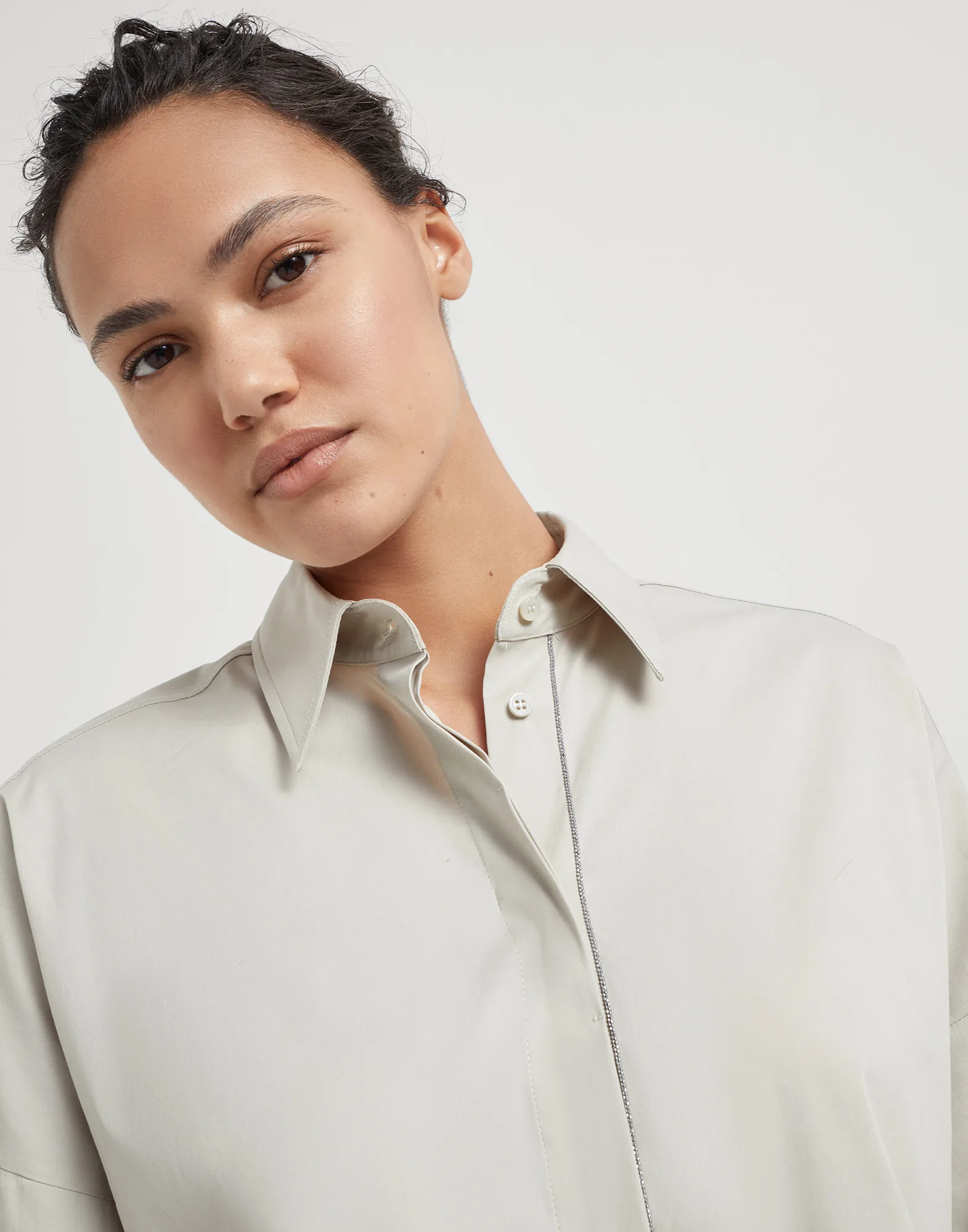 Stretch cotton poplin shirt with shiny trim