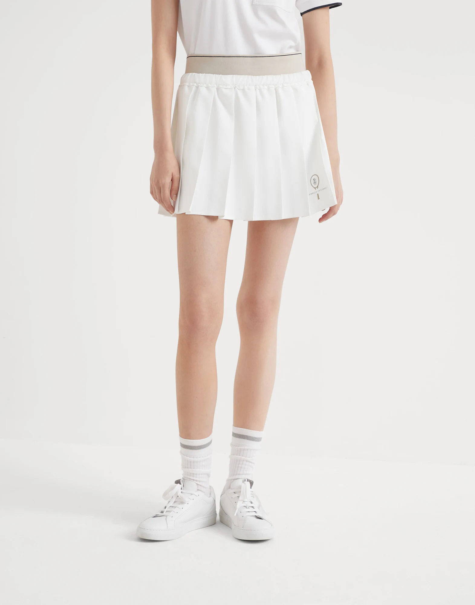 Pleated techno poplin mini skirt with tennis logo