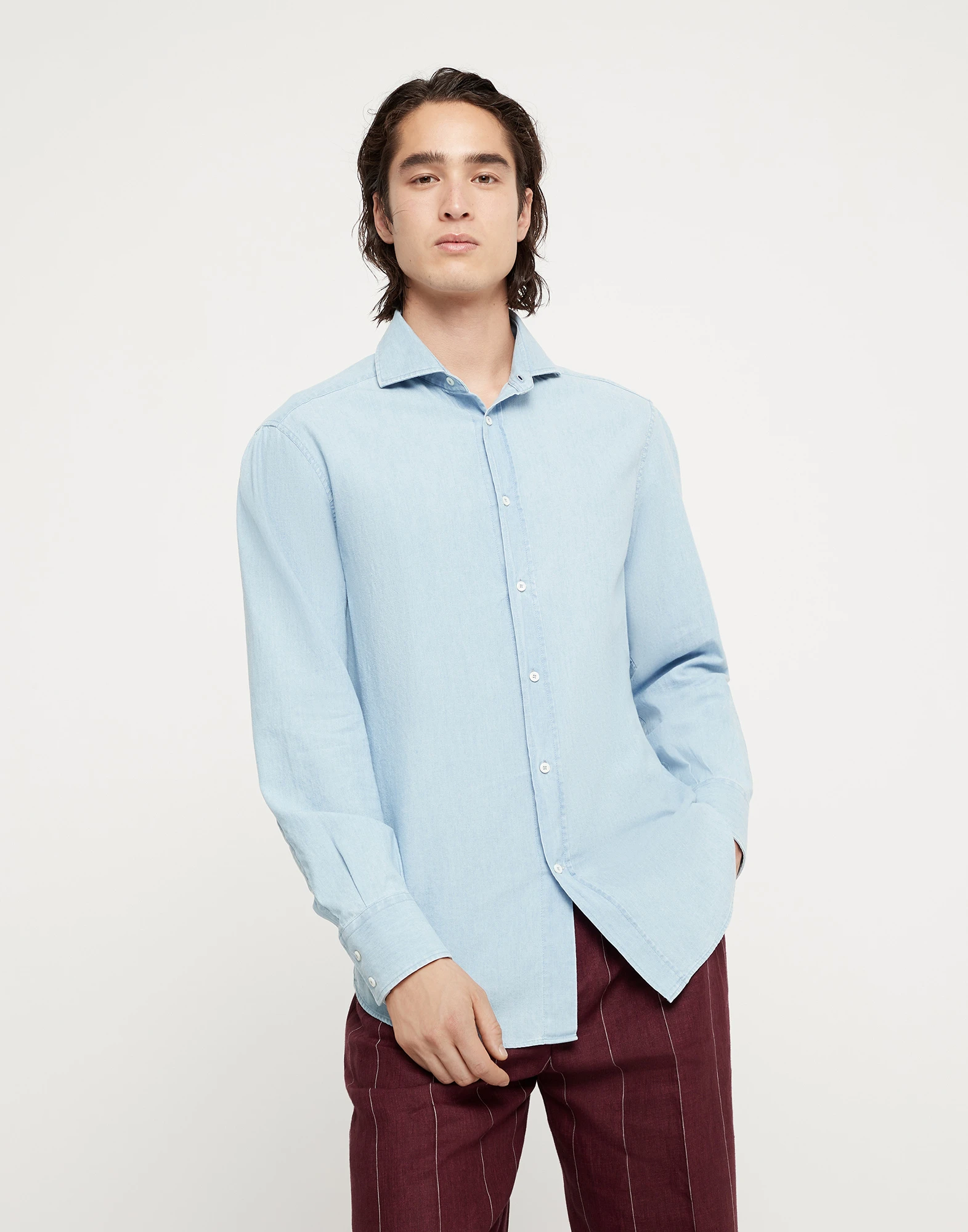 Denim-effect chambray basic fit shirt with spread collar