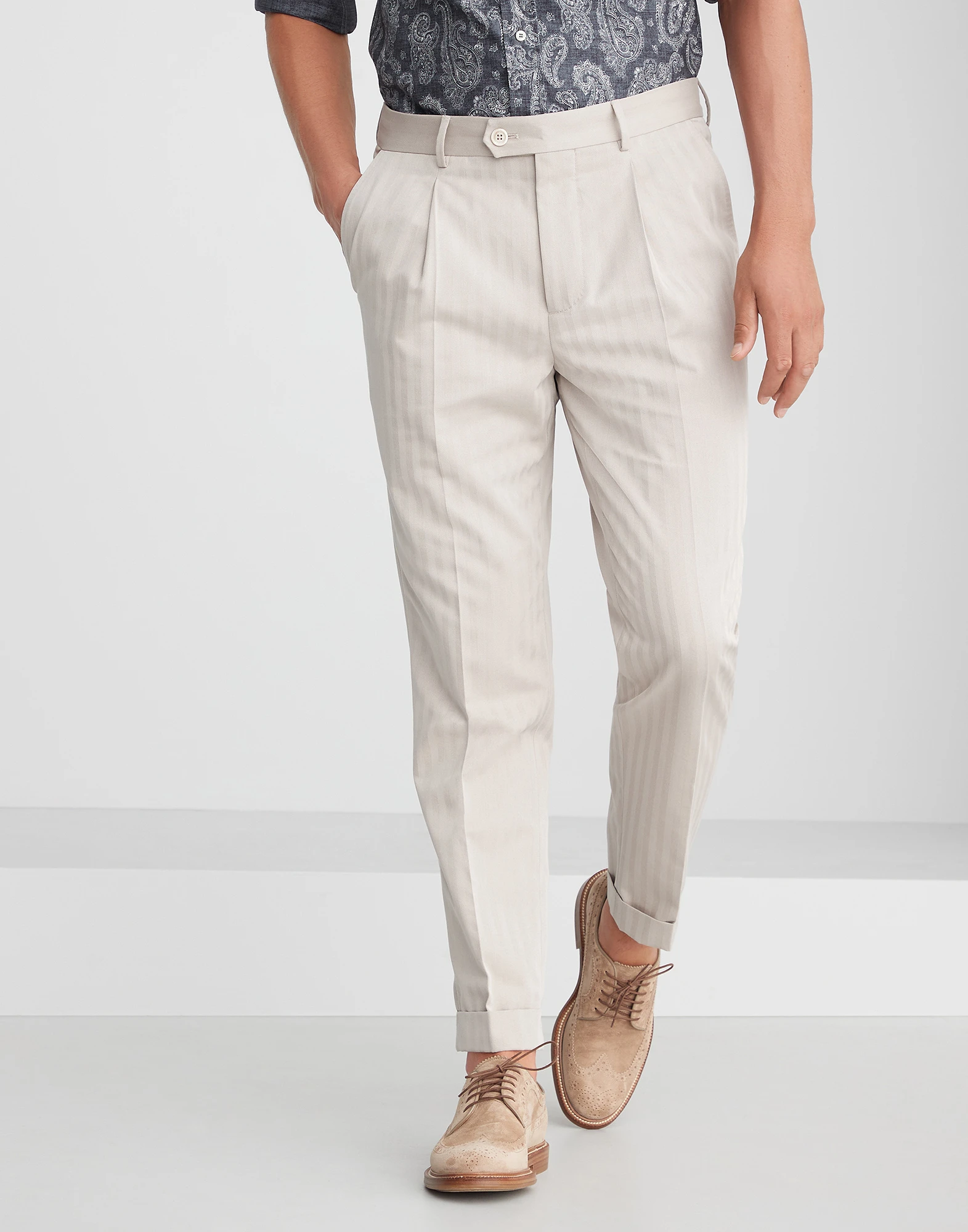 Cotton and silk chevron solaro leisure fit trousers with pleat