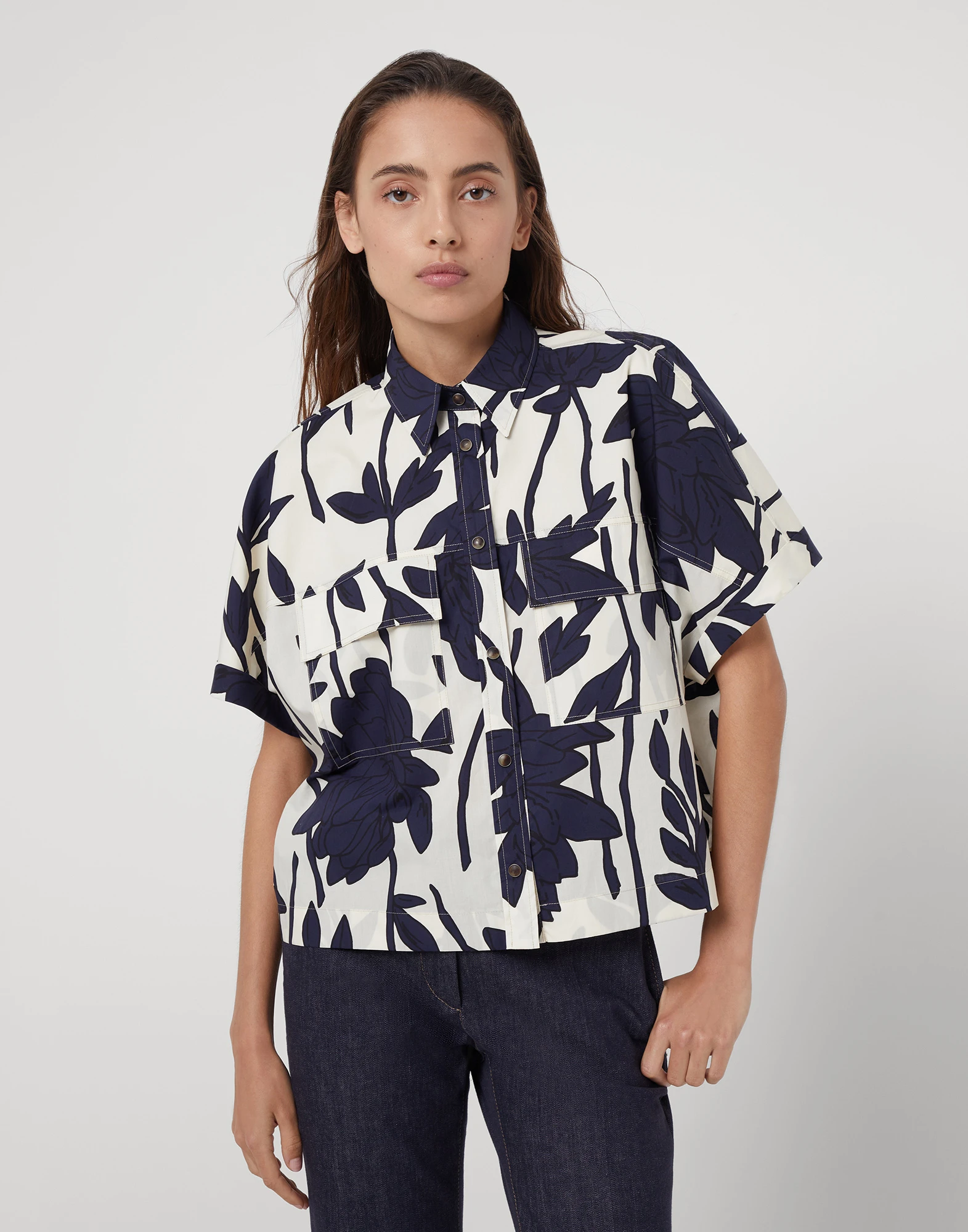 Cotton ramage print poplin shirt with monili
