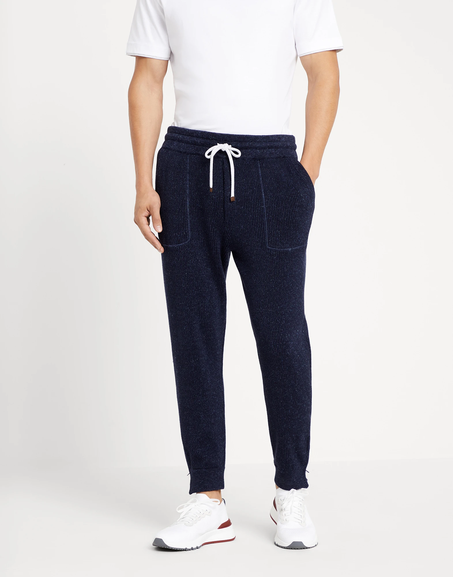 Cotton and linen English rib knit trousers with zipper cuffs