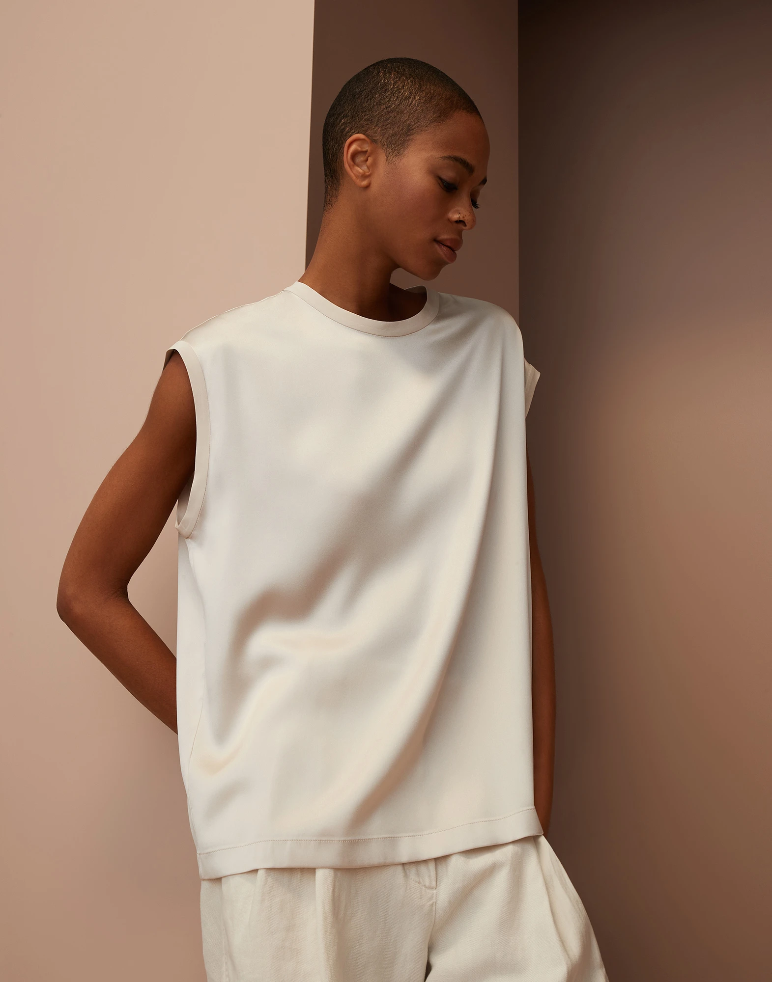 Stretch silk satin T-shirt with monili