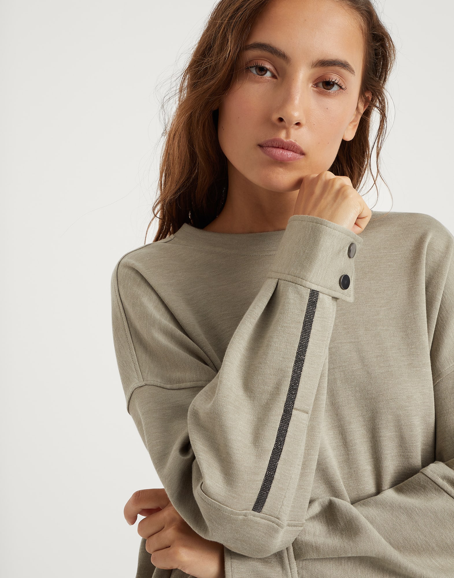 Cotton and silk interlock sweatshirt with shiny sleeve detail
