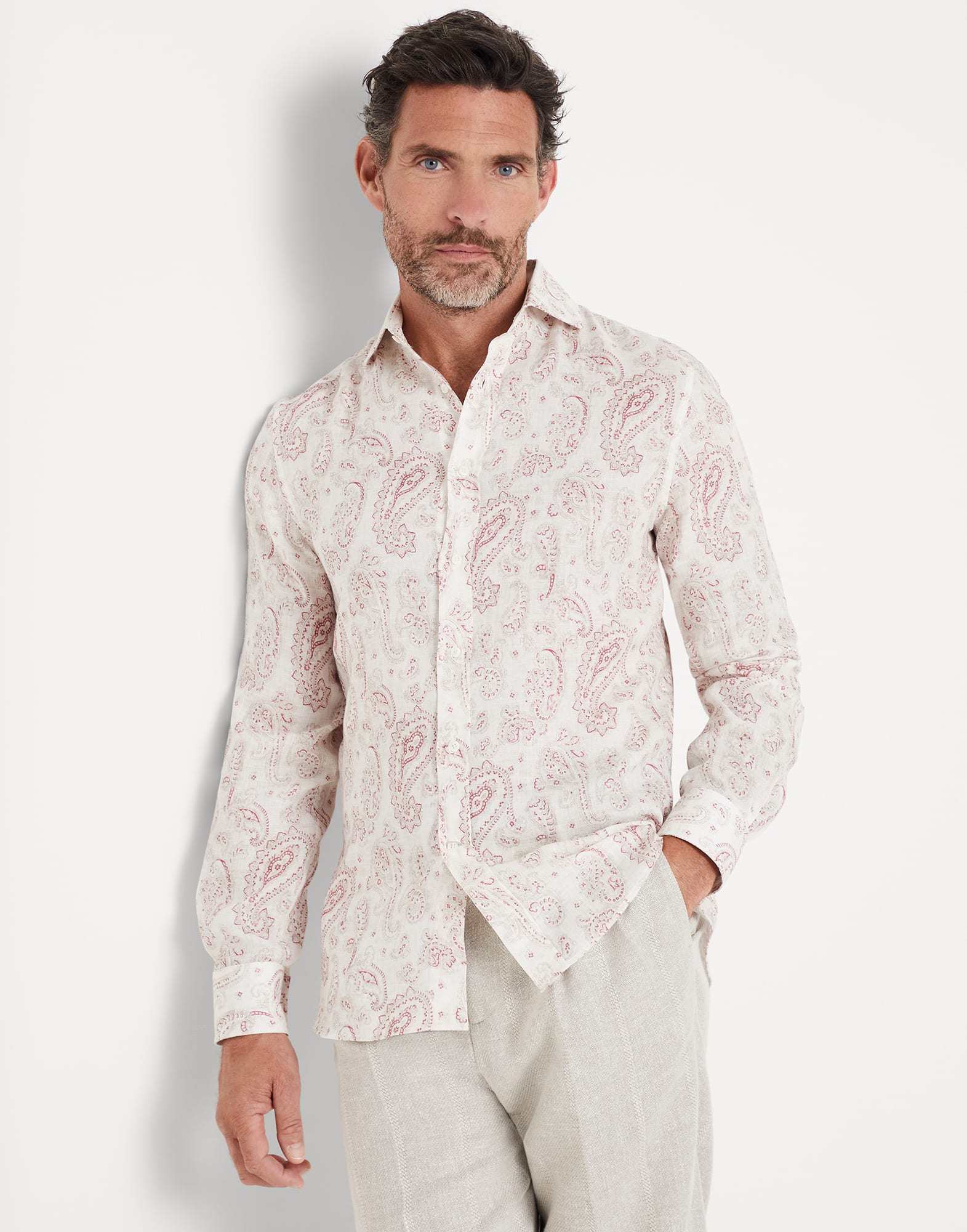 Paisley linen easy fit shirt with spread collar