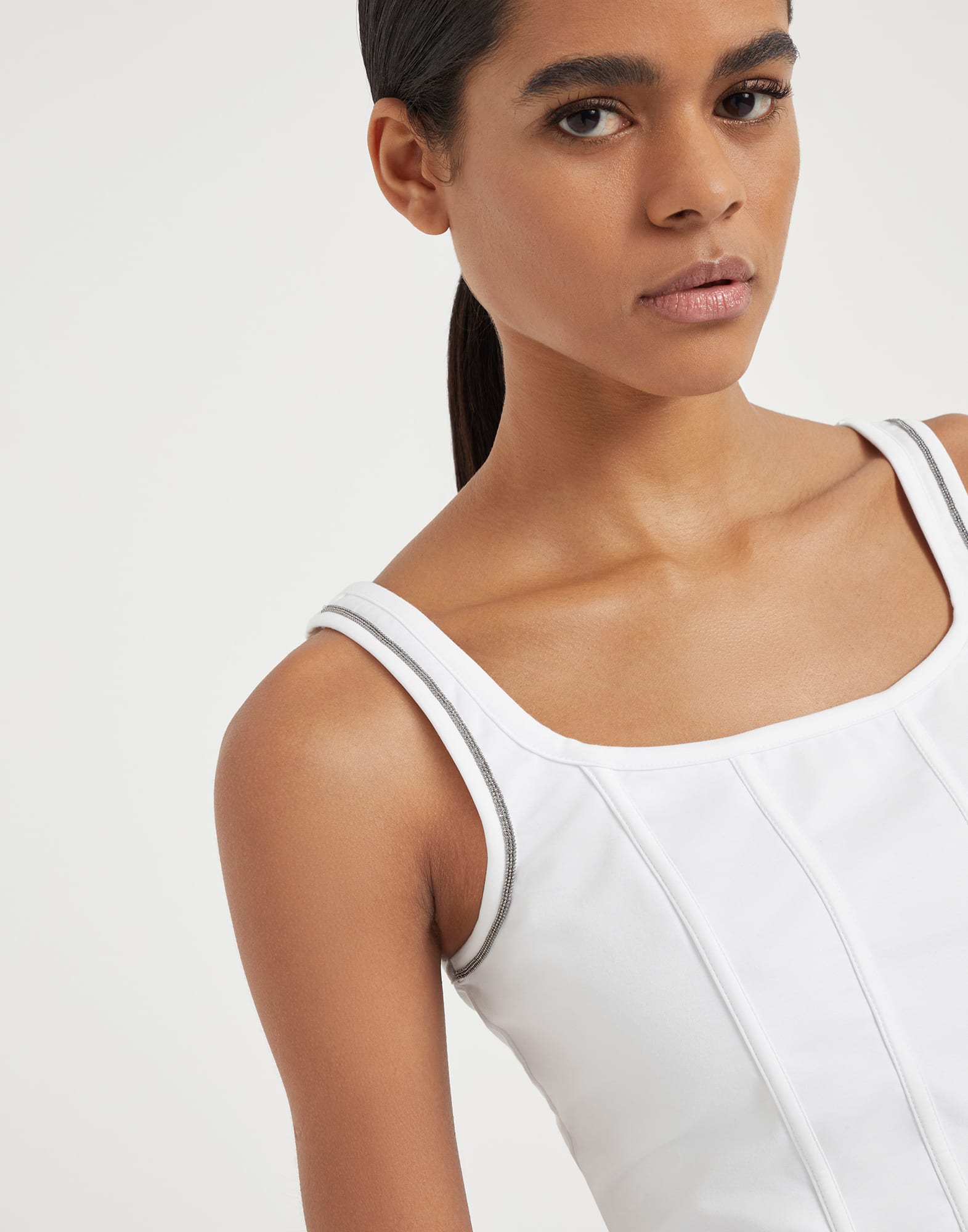 Couture interlock top with shiny contrast trims