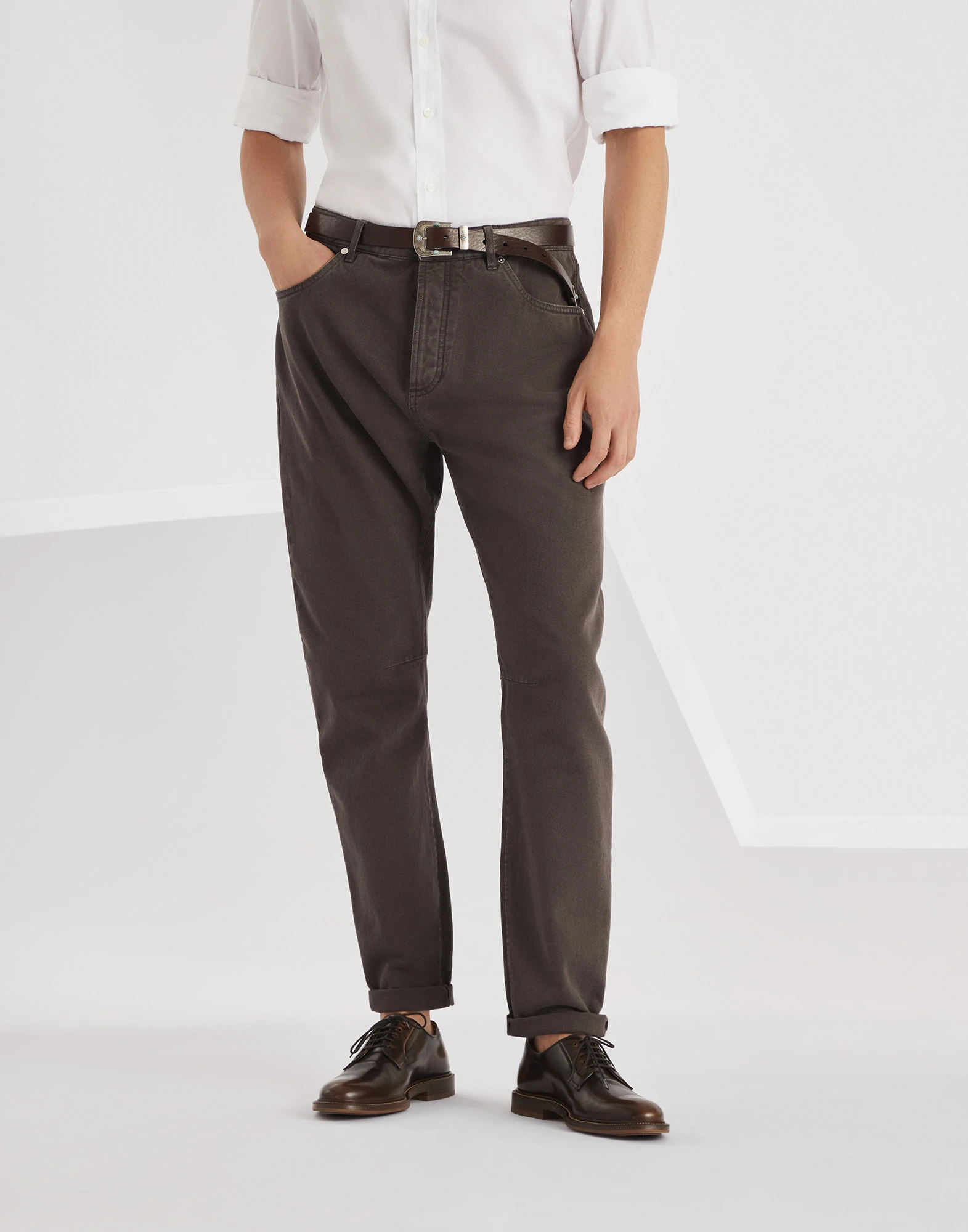 Garment-dyed denim trousers