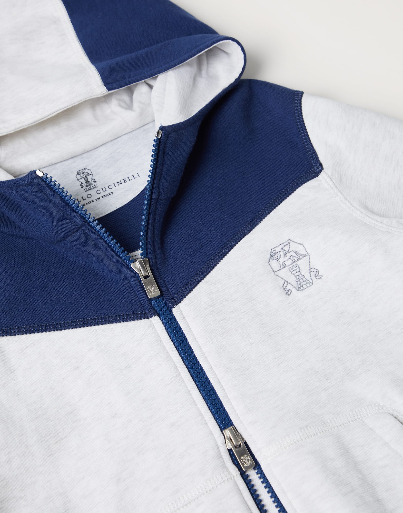 Panel sweatshirt in techno cotton with hood and zipper