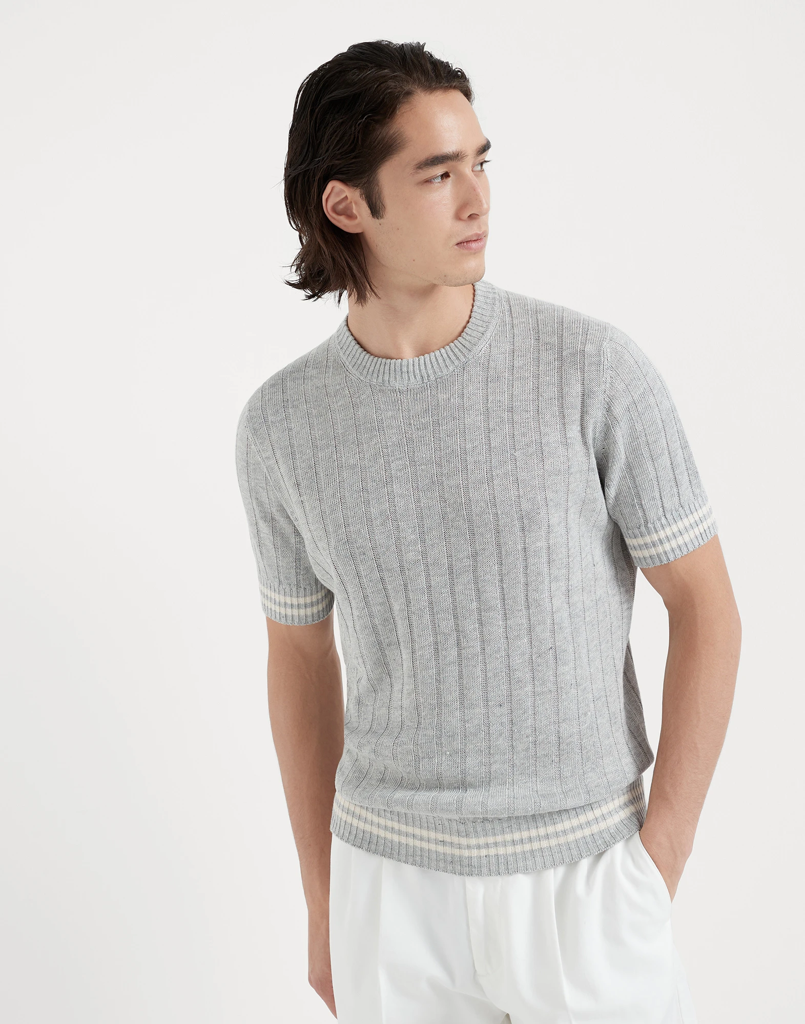 Linen and cotton short sleeve flat rib sweater with striped details