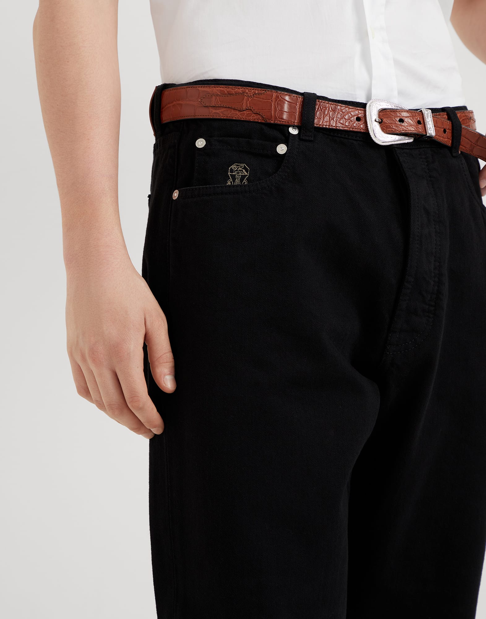 Garment-dyed iconic fit five-pocket trousers in slubbed denim