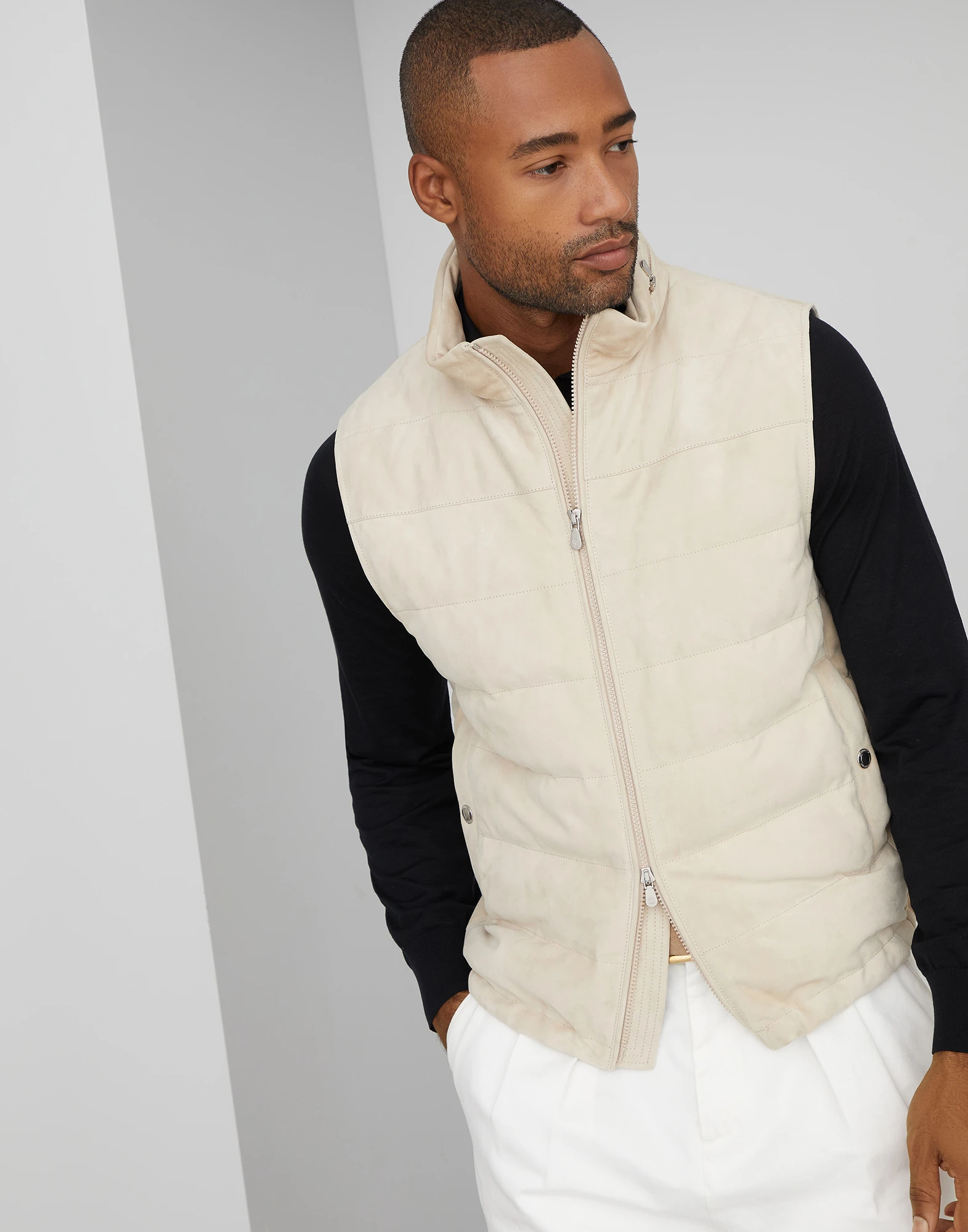 Suede down vest with packable hood