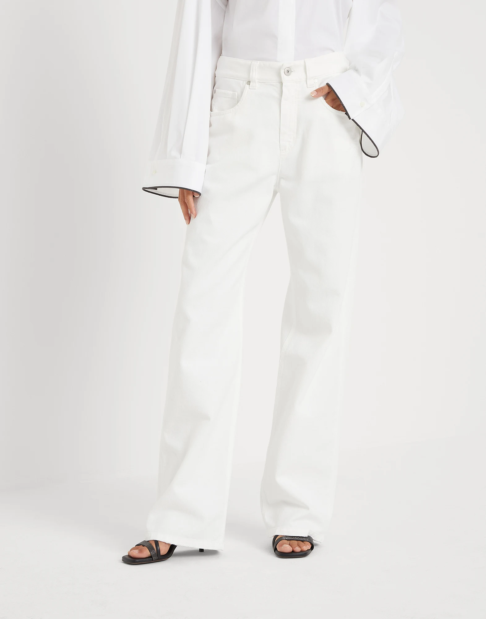Stretch dyed denim loose five-pocket trousers with shiny tab