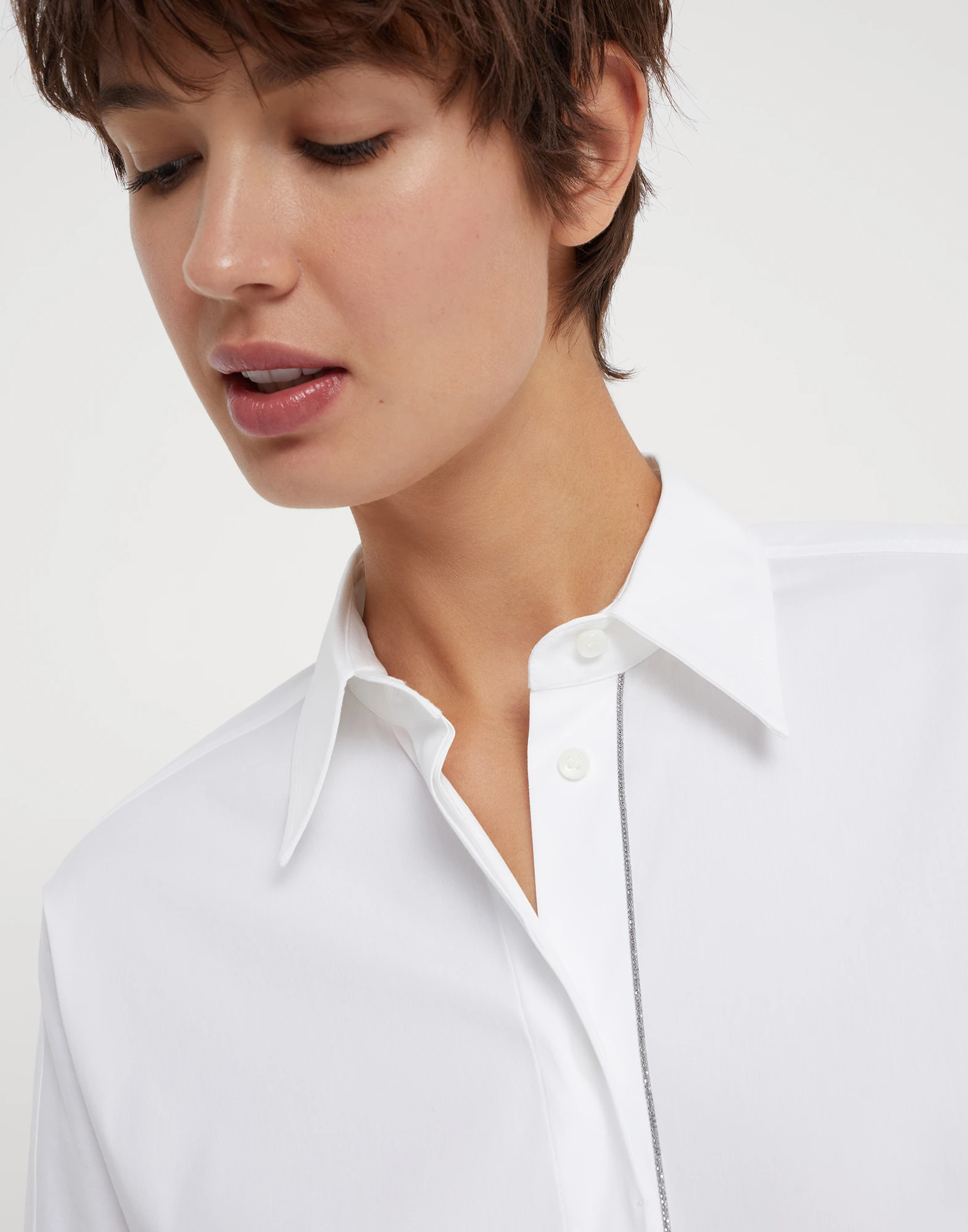 Stretch cotton poplin shirt with shiny trim
