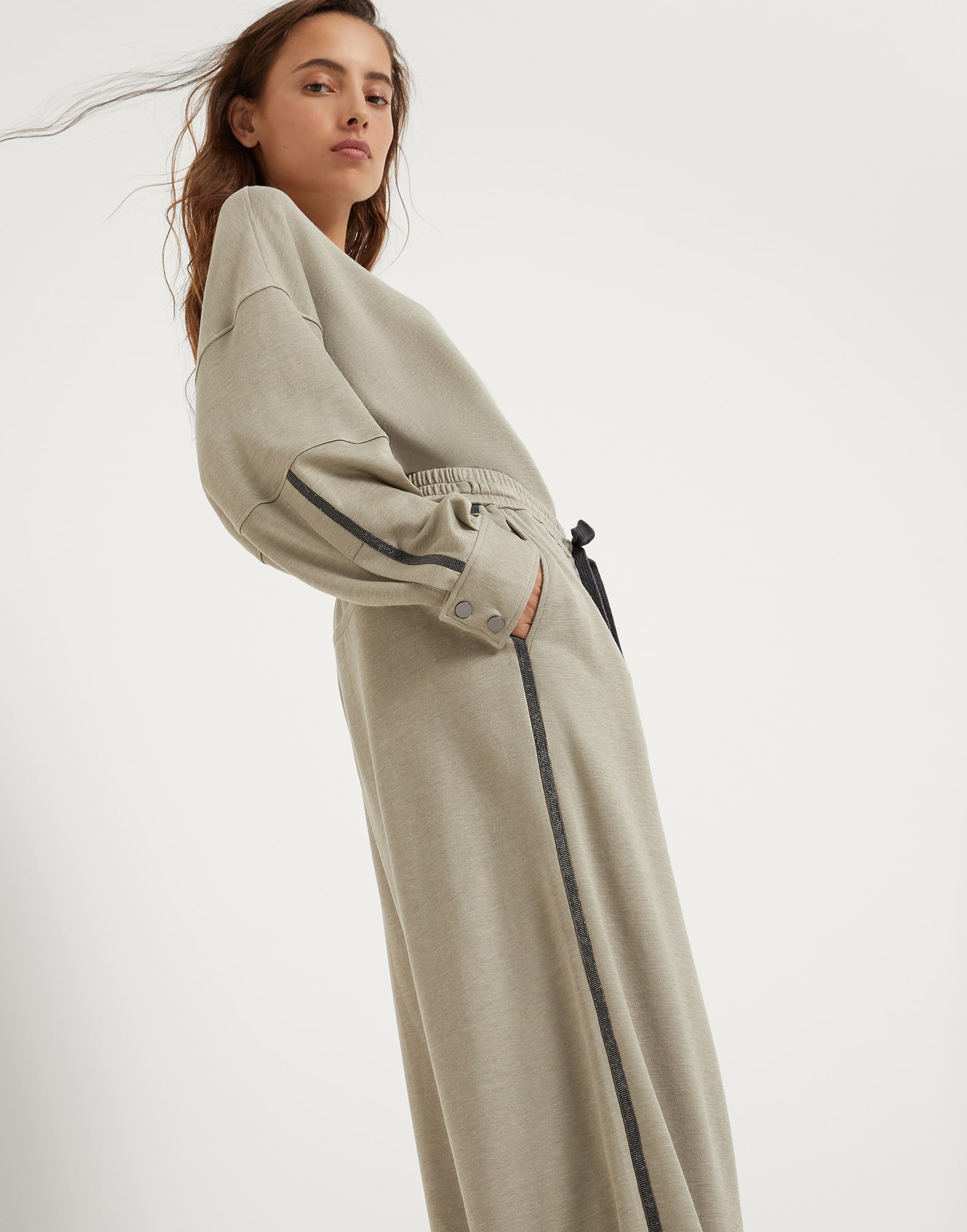 Comfort cotton and silk interlock wide trousers with precious stripe