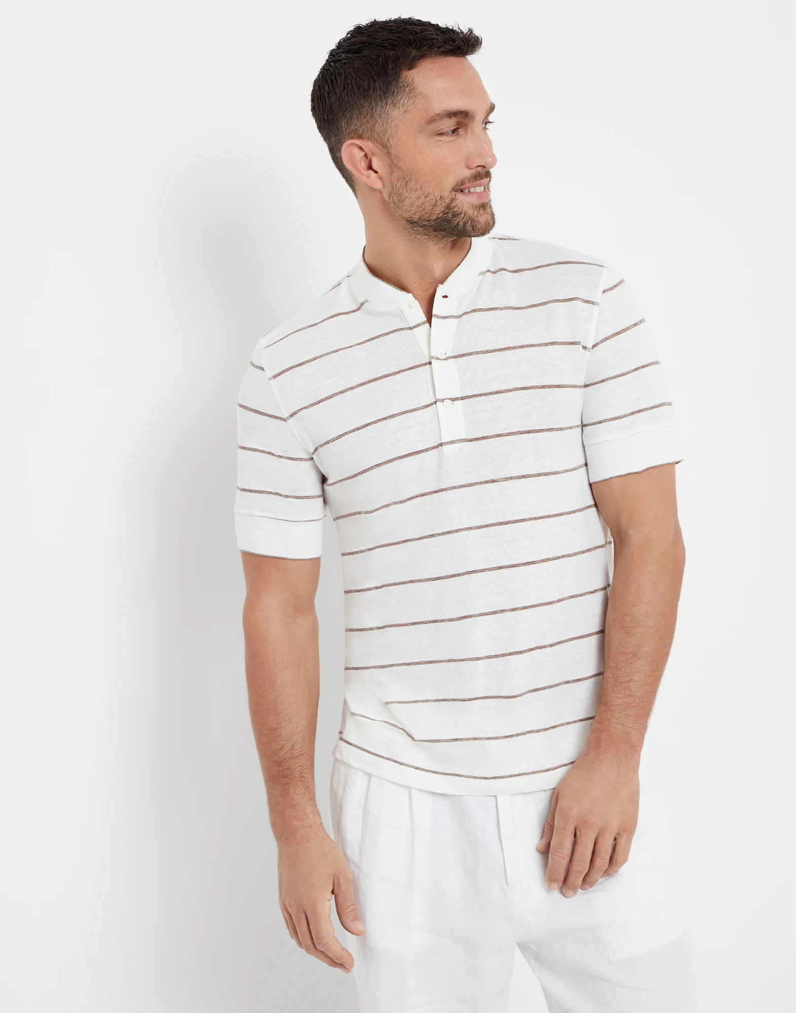 Linen and cotton striped jersey Henley collar T-shirt