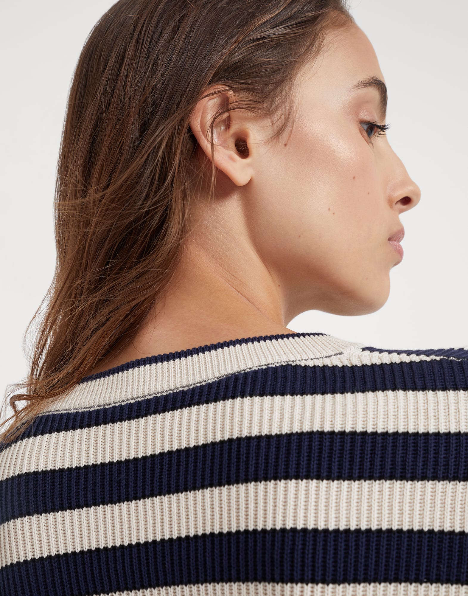 Striped cotton English rib sweater with monili