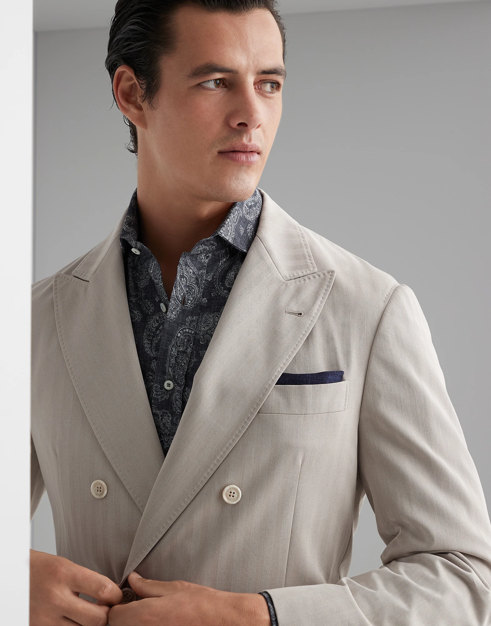 Cotton and silk chevron solaro one-and-a-half breasted deconstructed blazer with patch pockets
