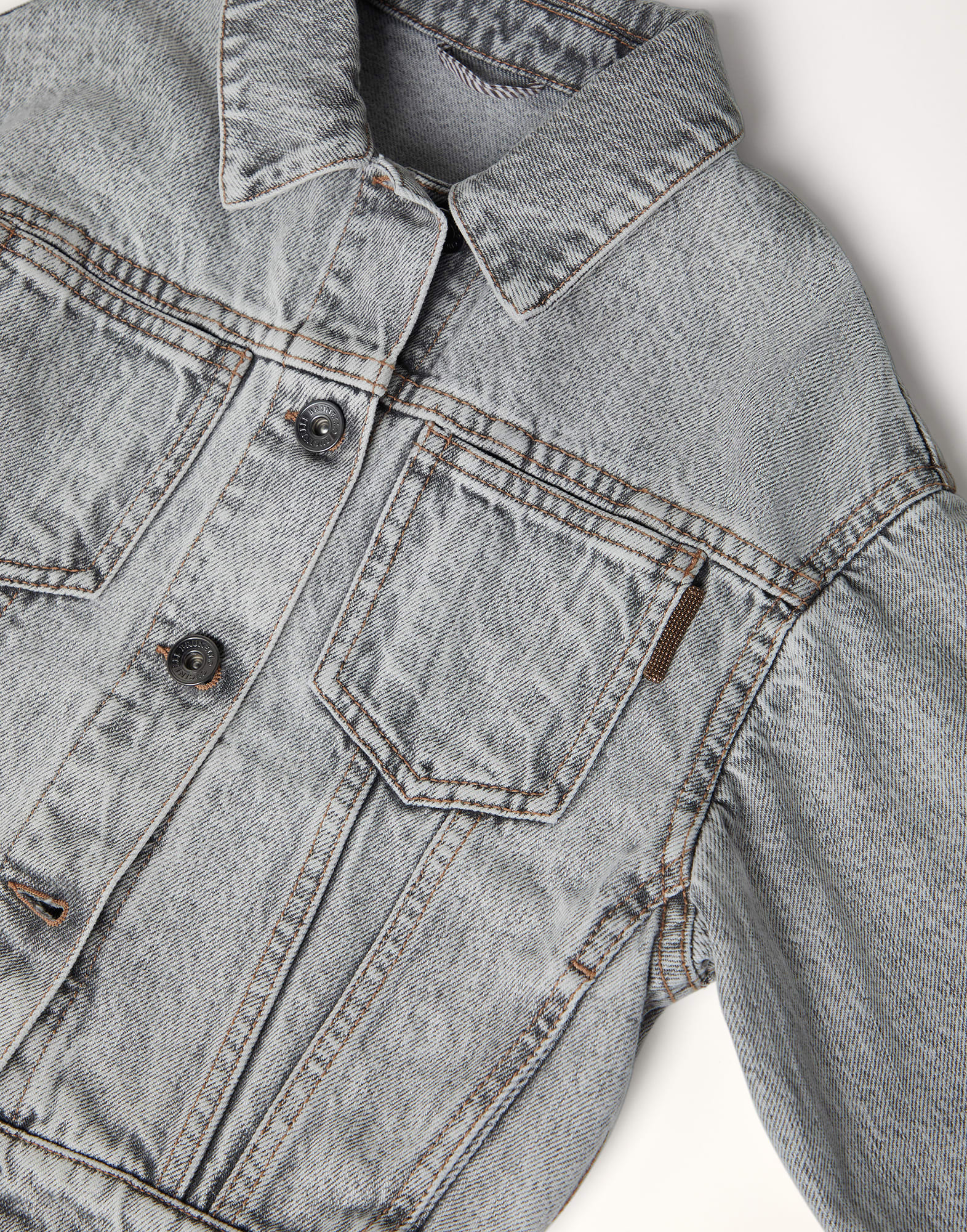 Aged denim four-pocket outerwear jacket with monili