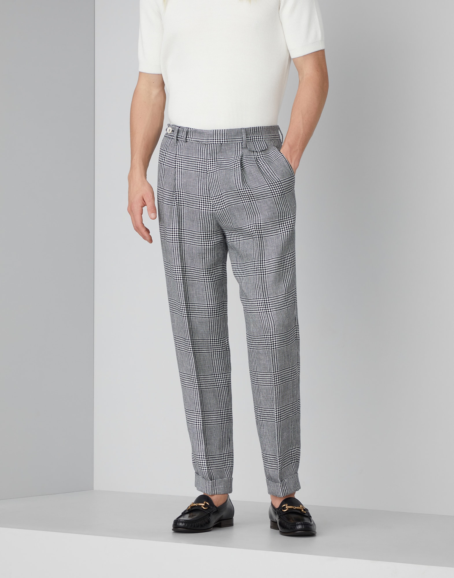 Linen, wool and silk Prince of Wales leisure fit trousers with double pleats and tabbed waistband