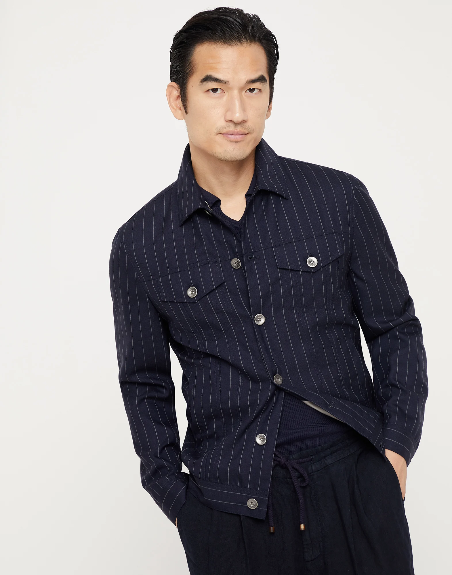 Virgin wool chalk stripe four-pocket jacket