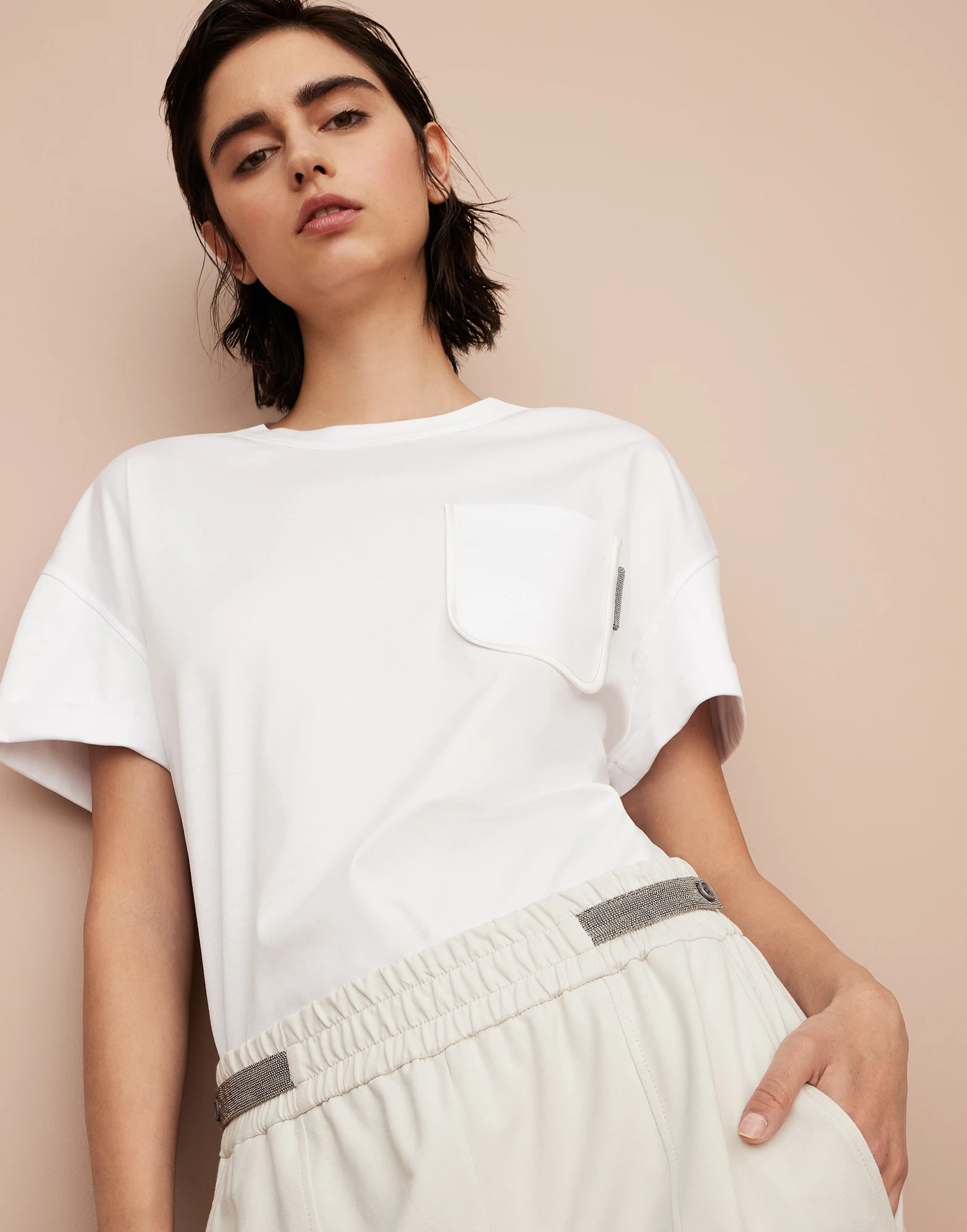 Stretch cotton lightweight French terry loose trousers with precious tabs