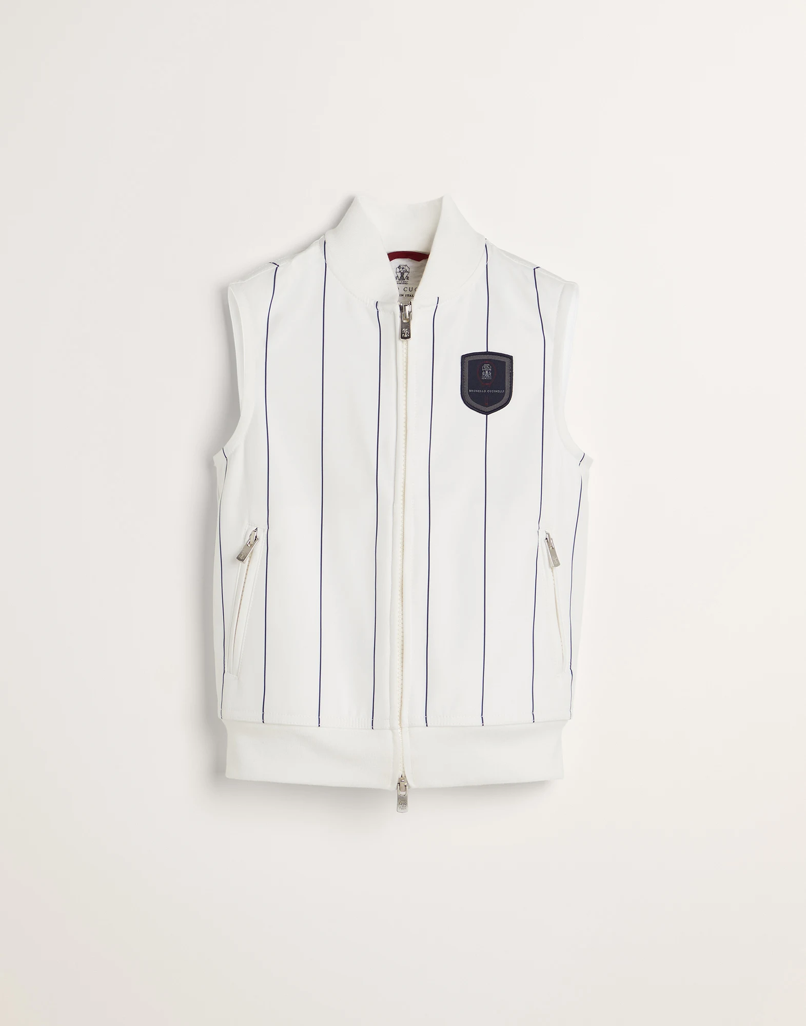 Chalk stripe nylon sleeveless sweatshirt with zipper and tennis badge
