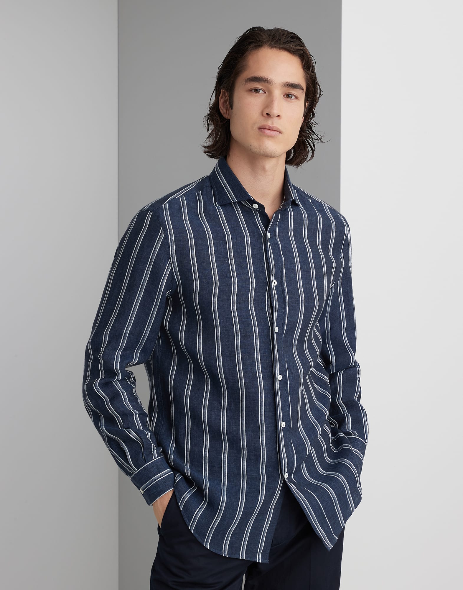 Multi stripe linen easy fit shirt with spread collar