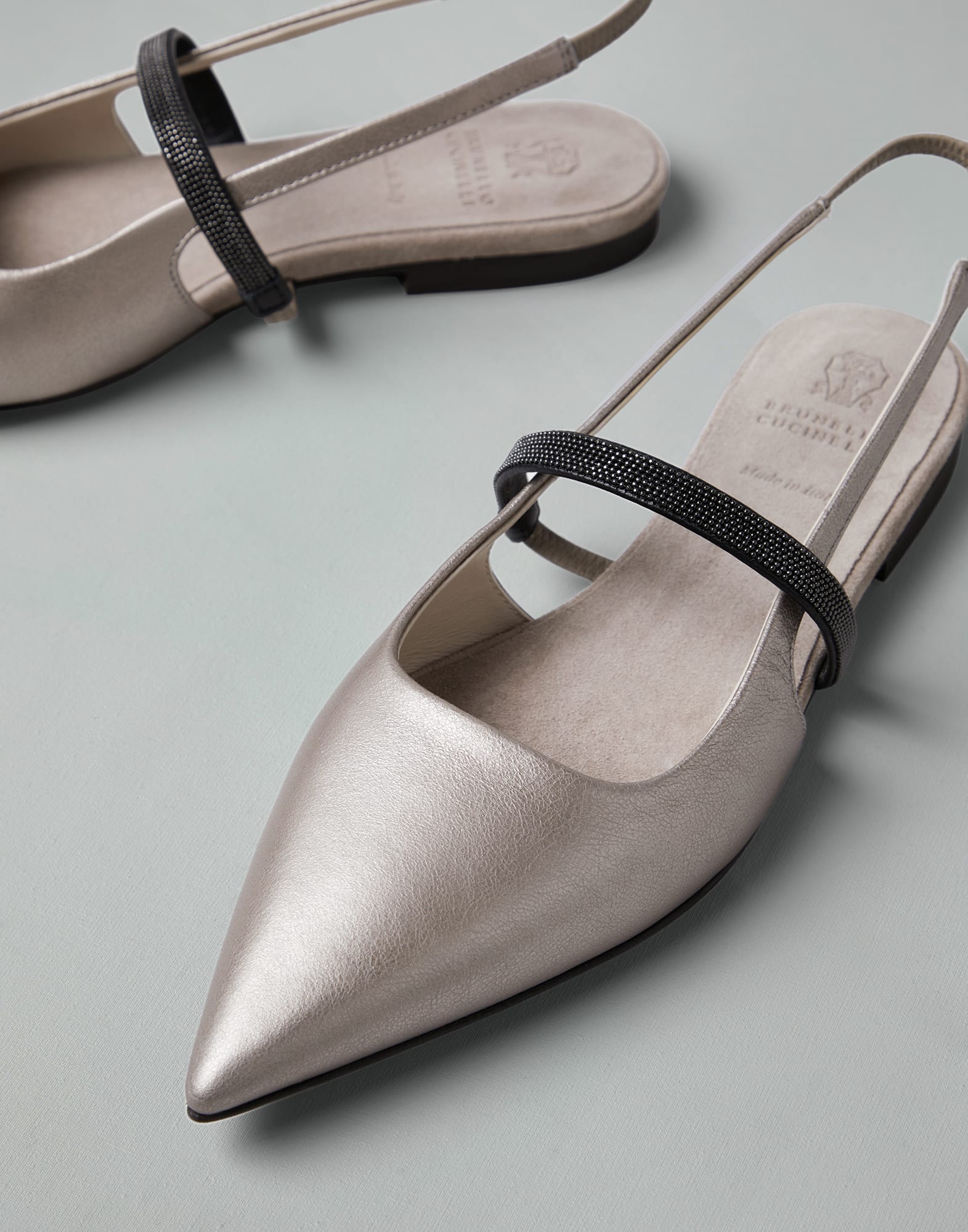 Lame calfskin slingback flats with shiny strap