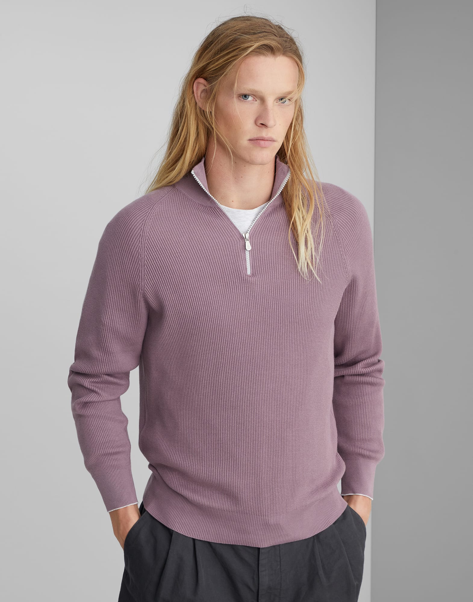 Cotton English rib knit sweater with half zip and raglan sleeves