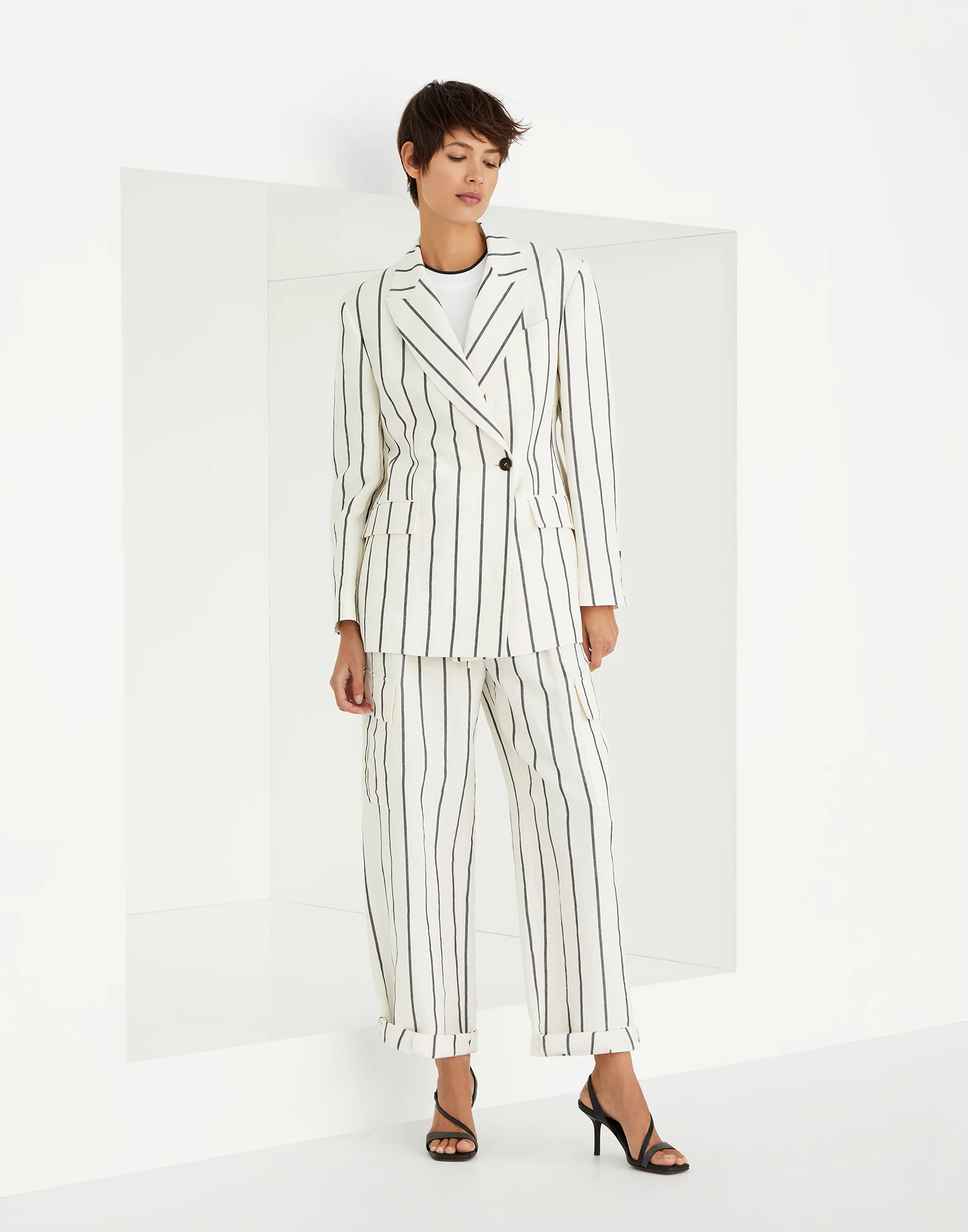 Striped linen and cotton matching set with monili