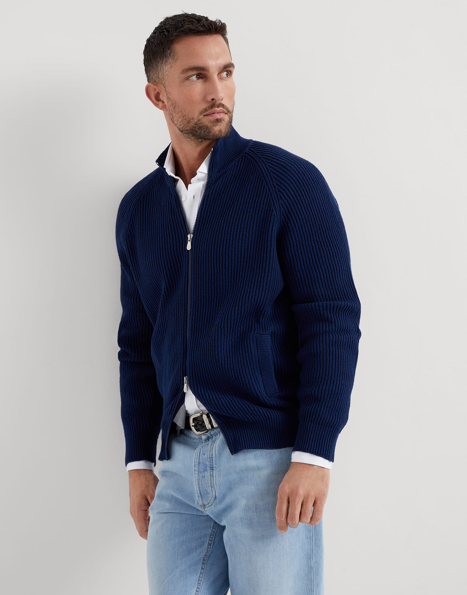 Malfile cotton English rib cardigan with zipper