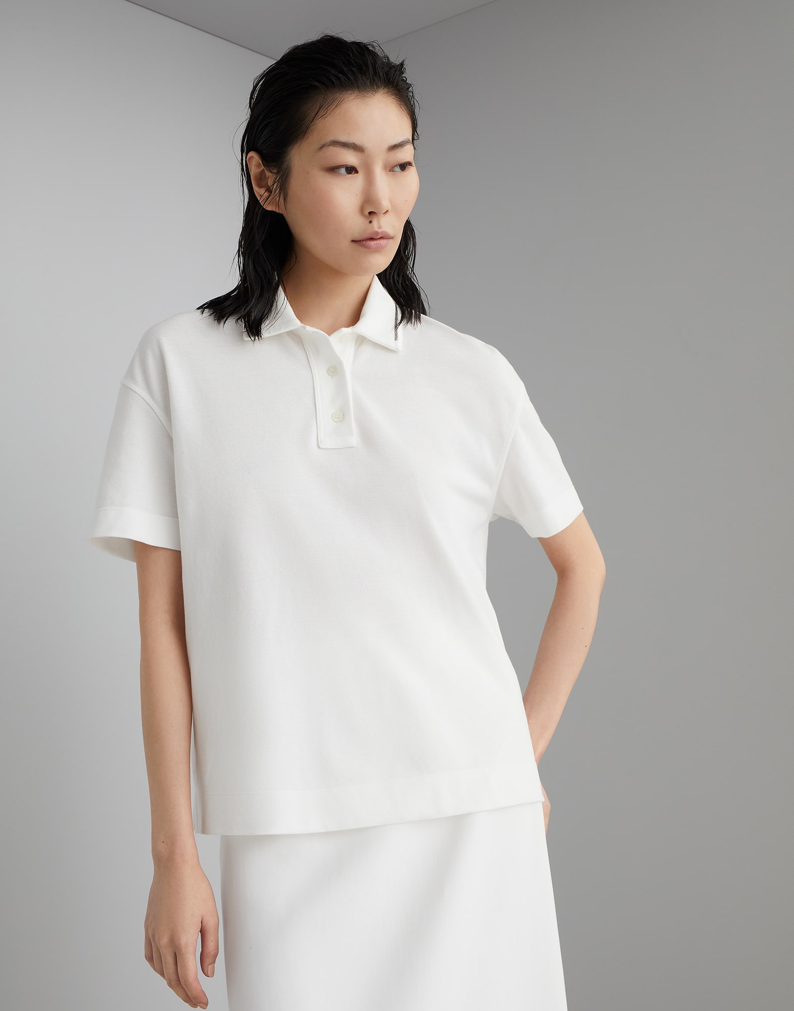 Cotton pique polo shirt with shiny collar trim
