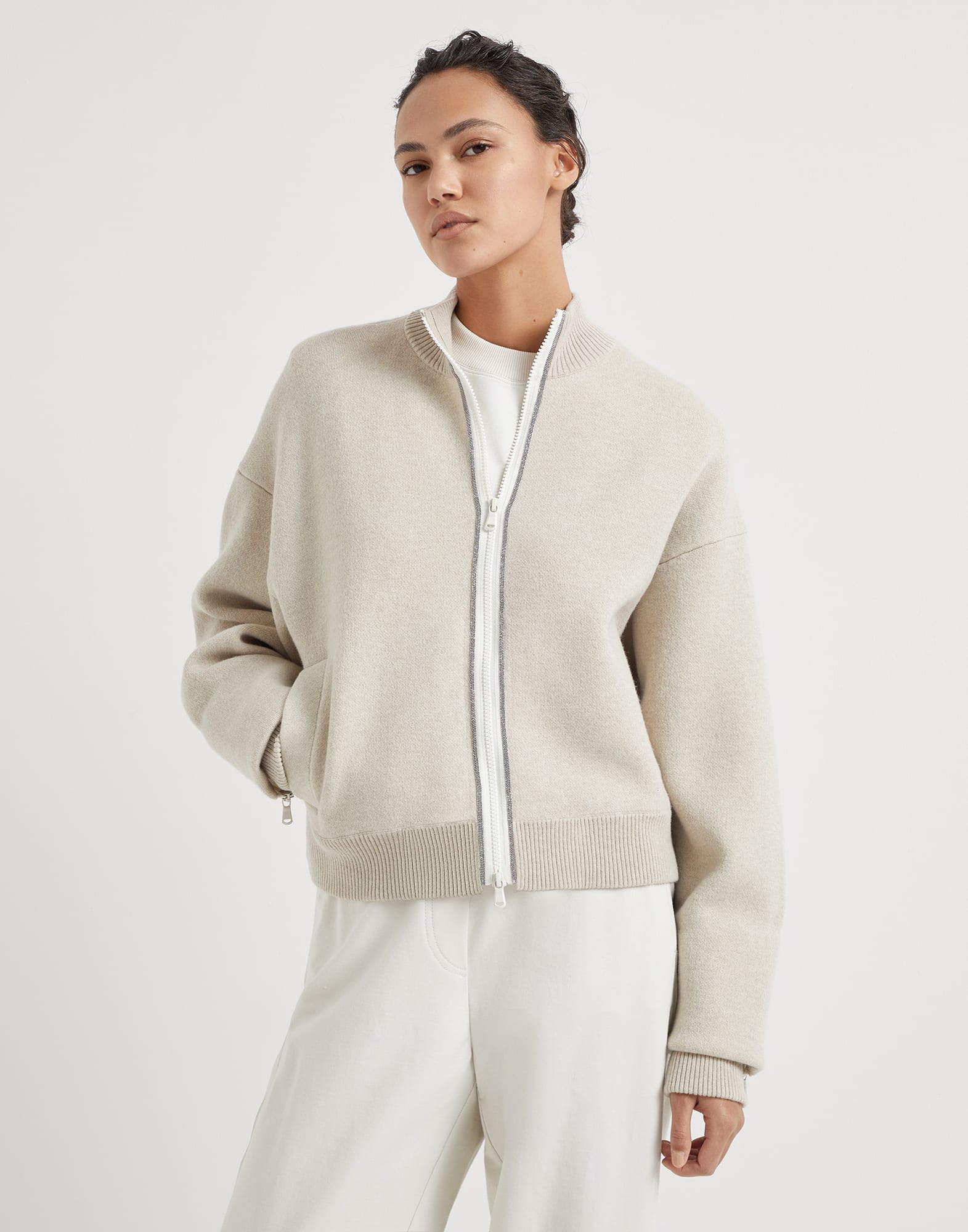 Cashmere double knit outerwear jacket with shiny trims