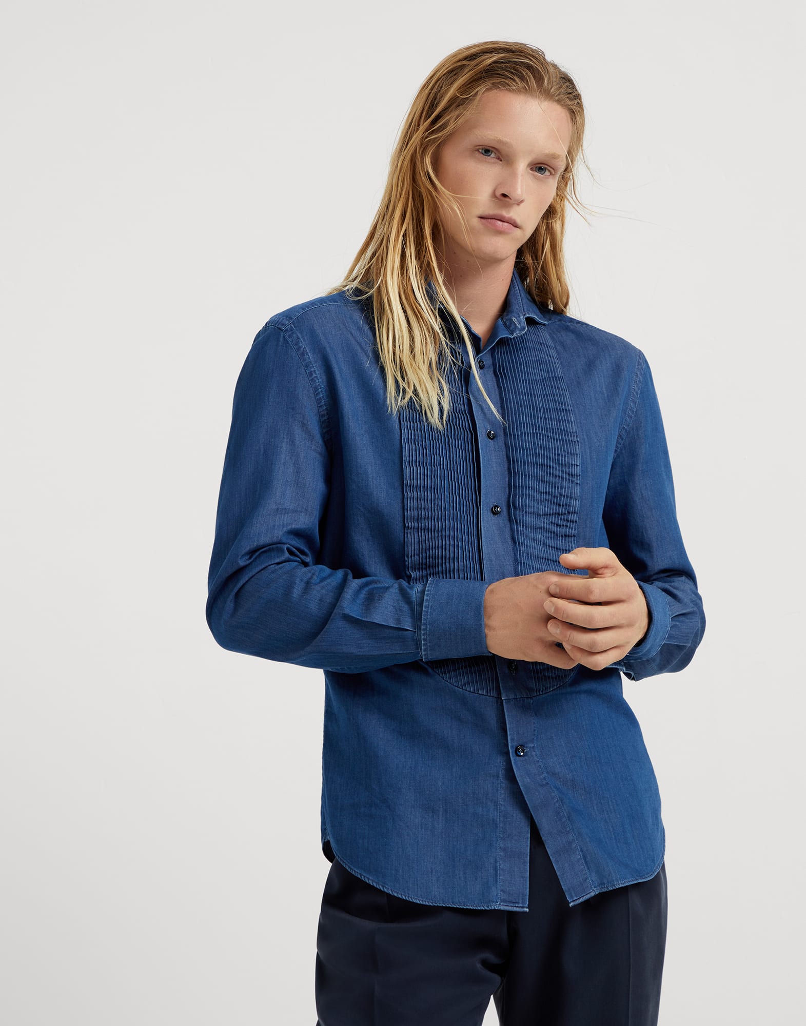 Lightweight denim slim fit tuxedo shirt with pleated bib, spread collar and French cuffs