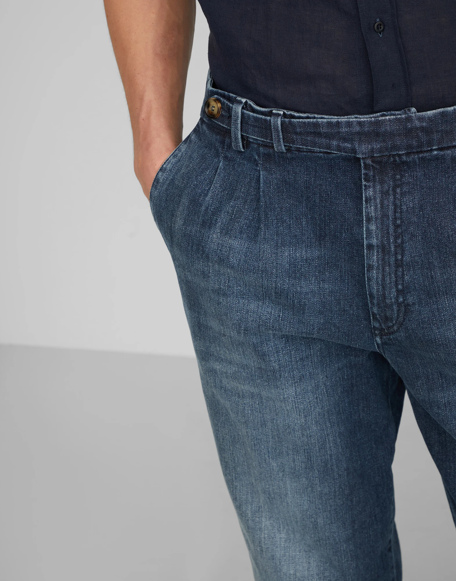 Comfort cotton denim leisure fit trousers with double pleats and tabbed waistband