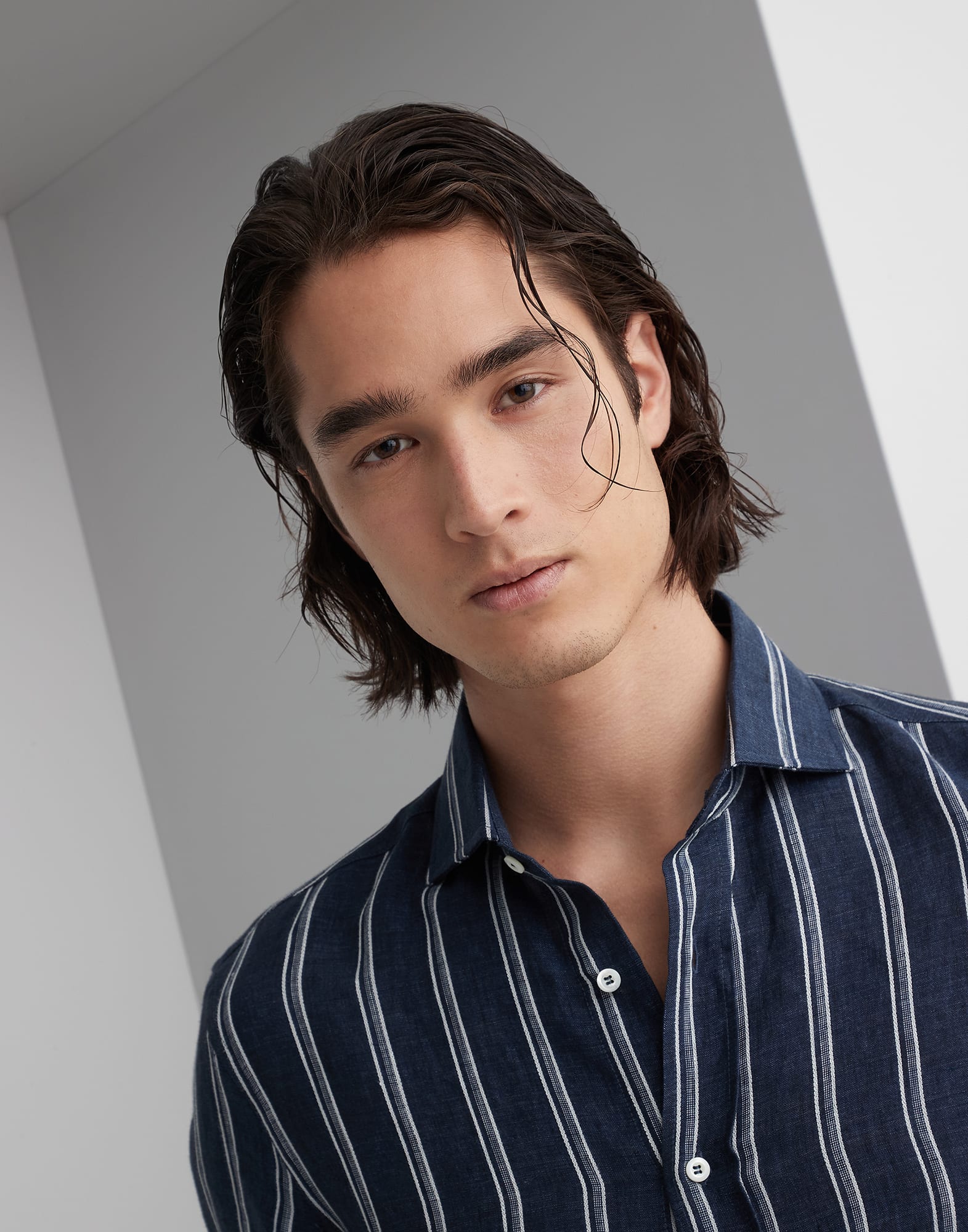 Multi stripe linen easy fit shirt with spread collar