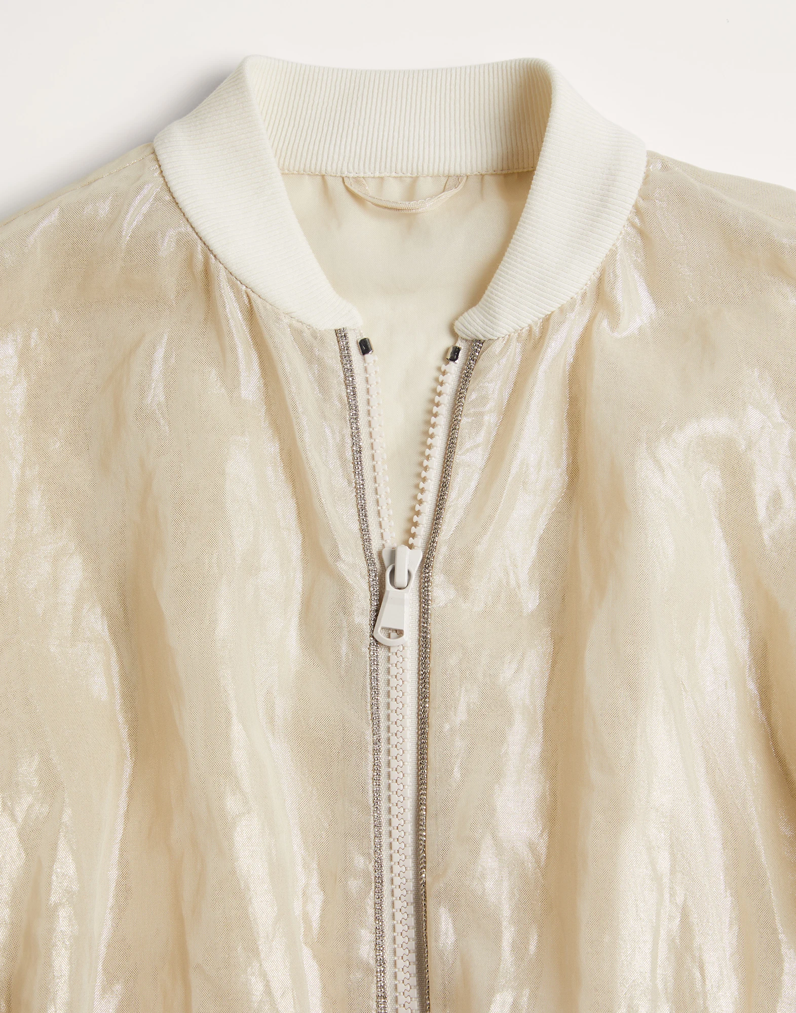 Lame cotton gauze bomber jacket with monili