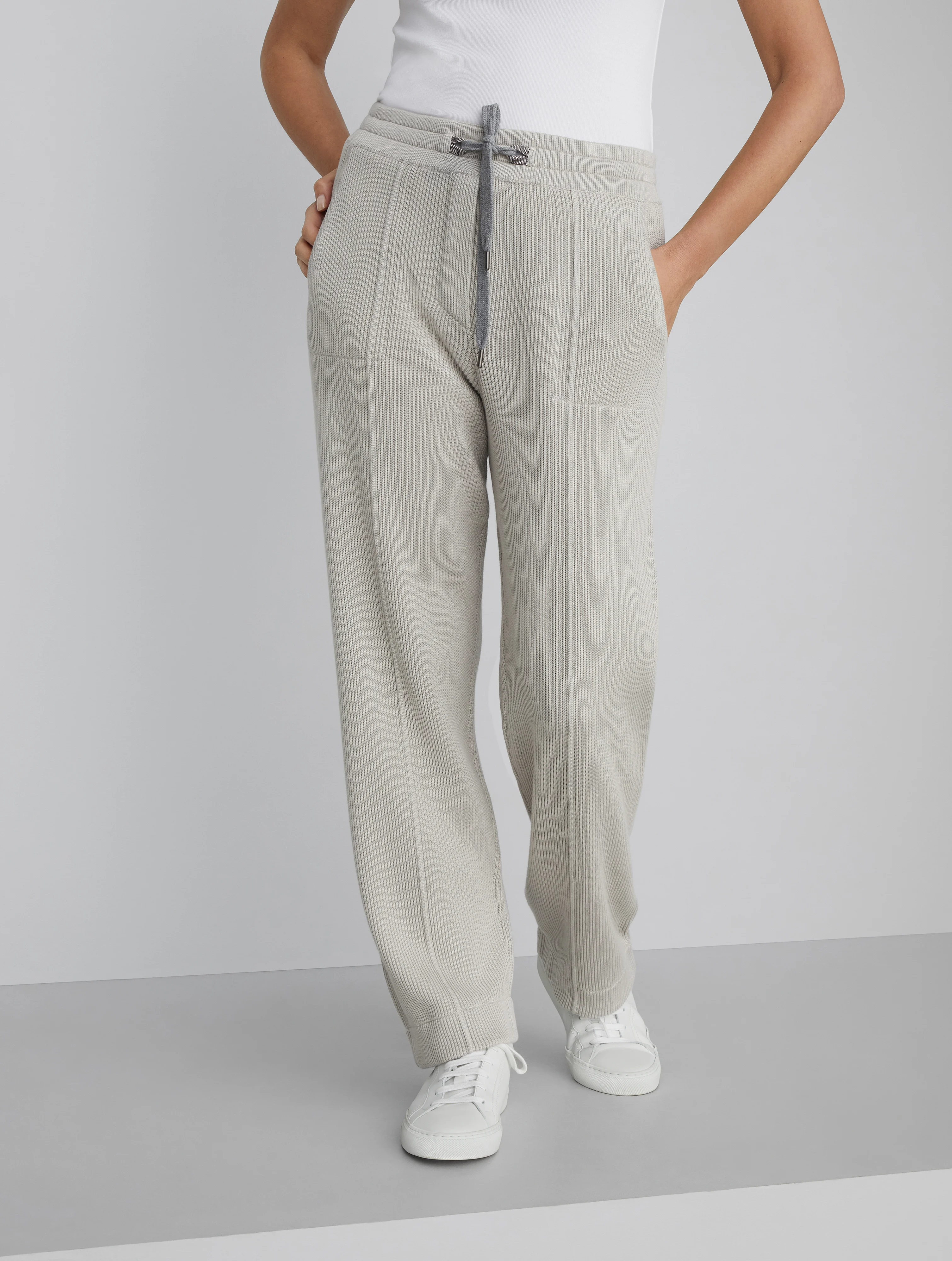 Cotton English rib knit trousers with shiny eyelets