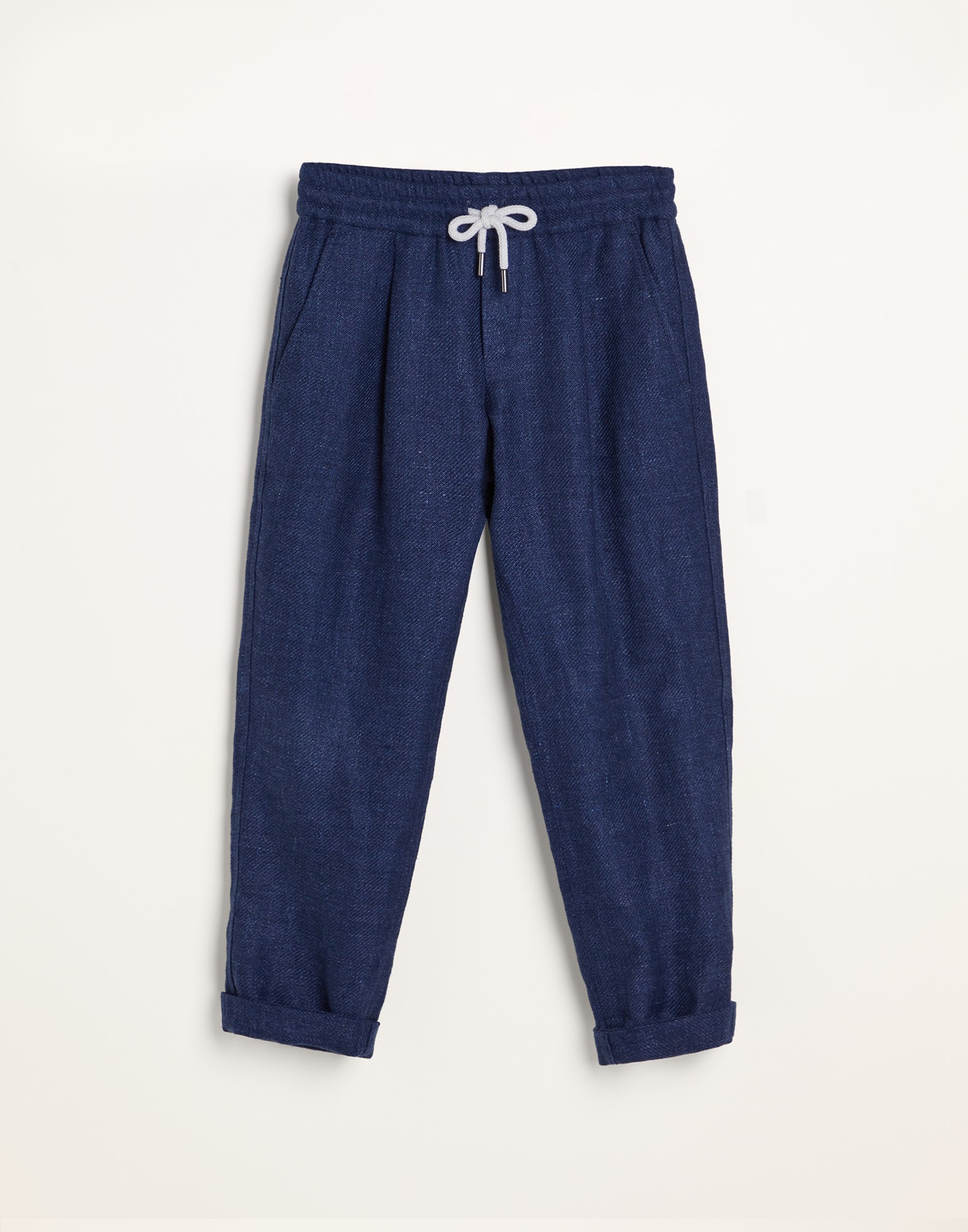 Linen, wool and silk diagonal trousers with drawstring and pleat