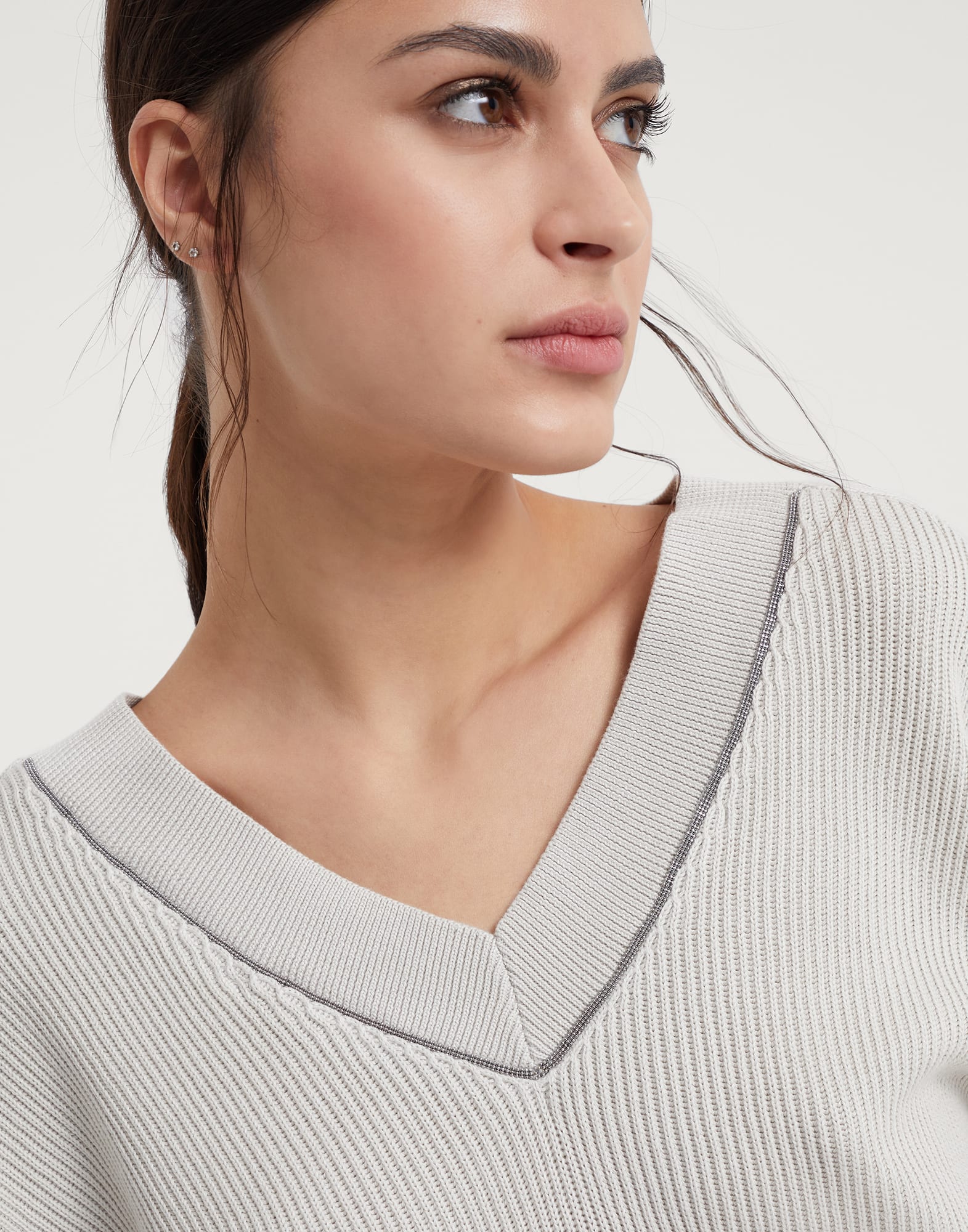 Cotton English rib sweater with shiny neckline